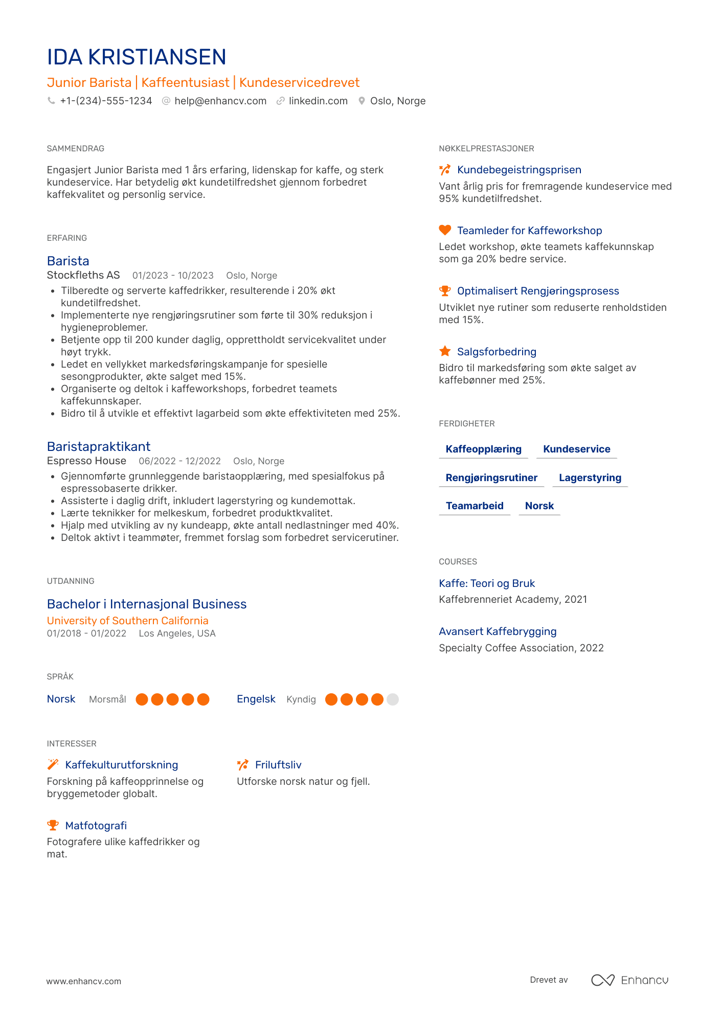 CV for Junior Barista Resume Example