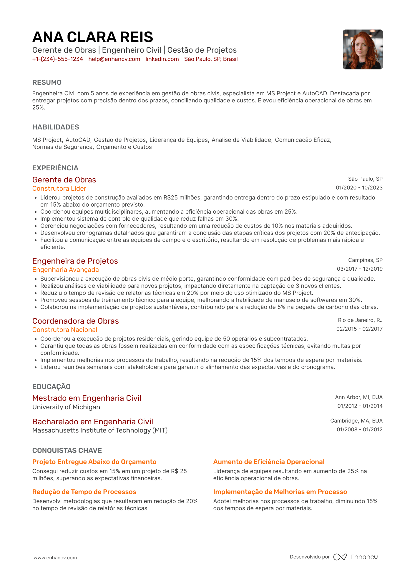 Engenheiro civil   gerente de obras Resume Example