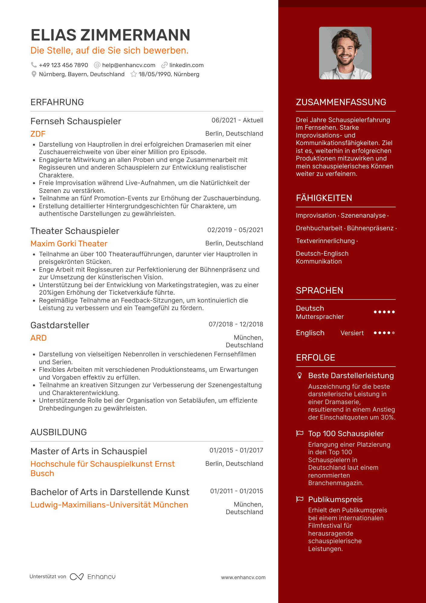Lebenslauf als Fernseh Schauspieler Resume Example