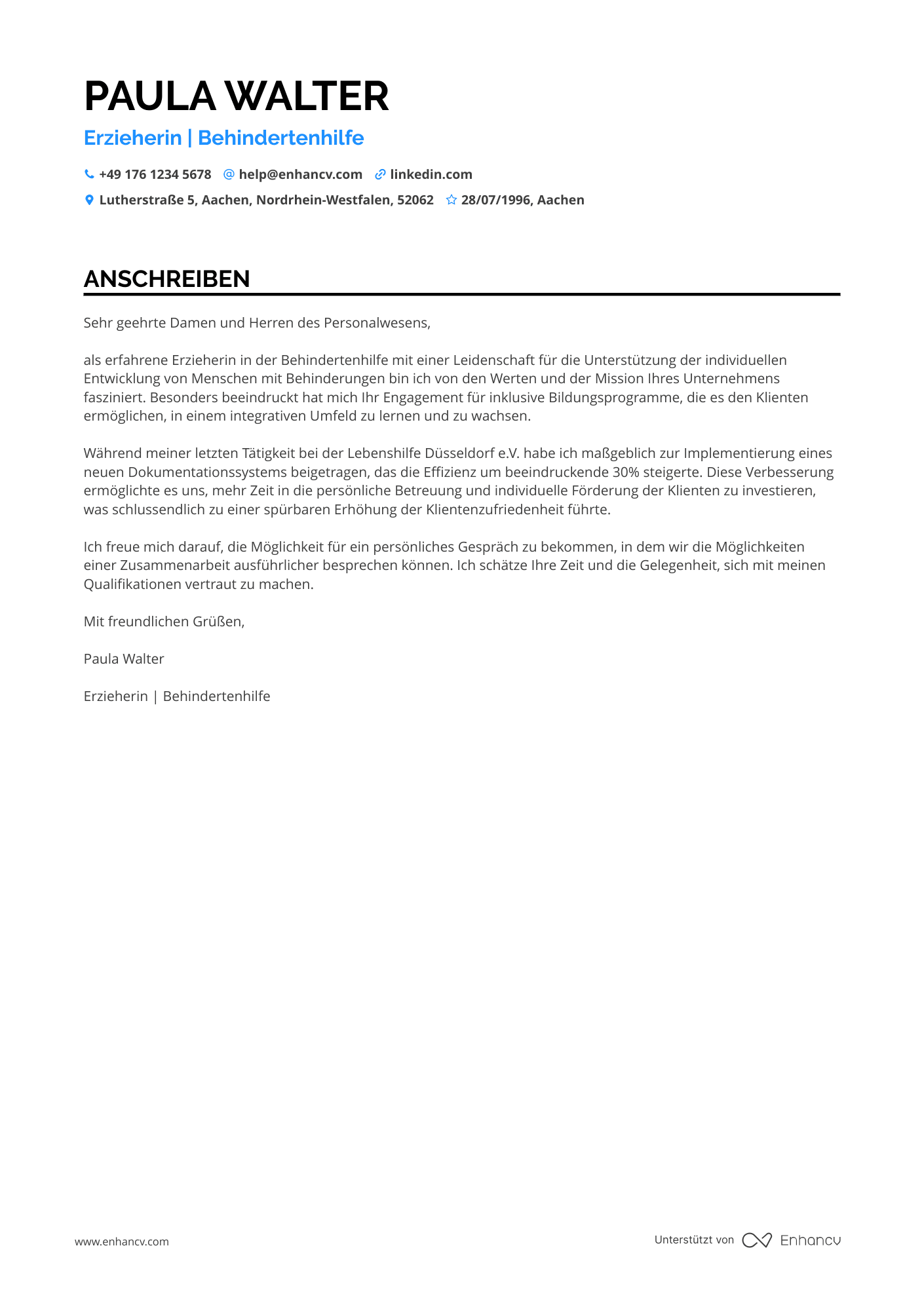 Erzieherin in der Behindertenhilfe Resume Example
