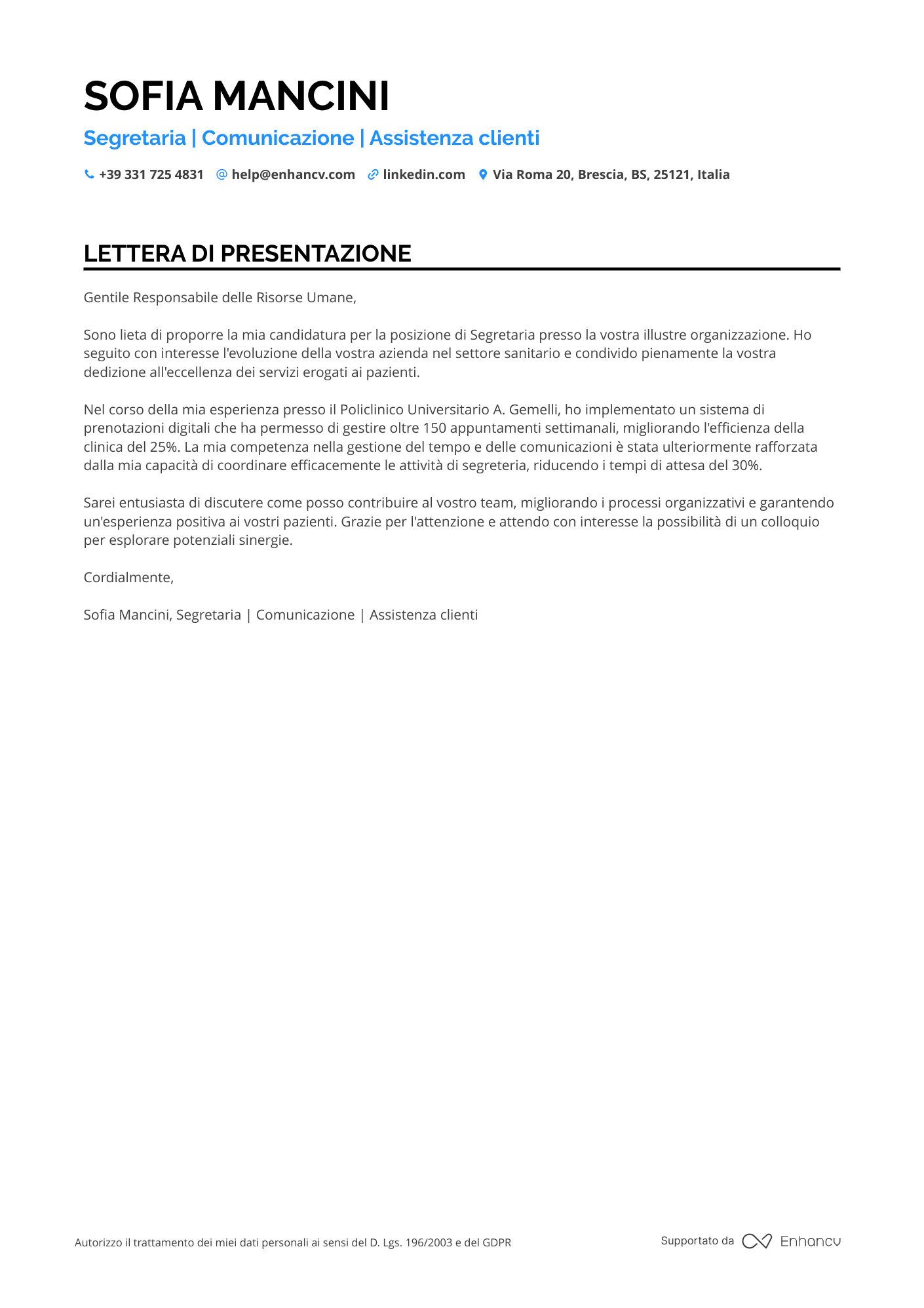 Segretaria di Studio Medico Resume Example
