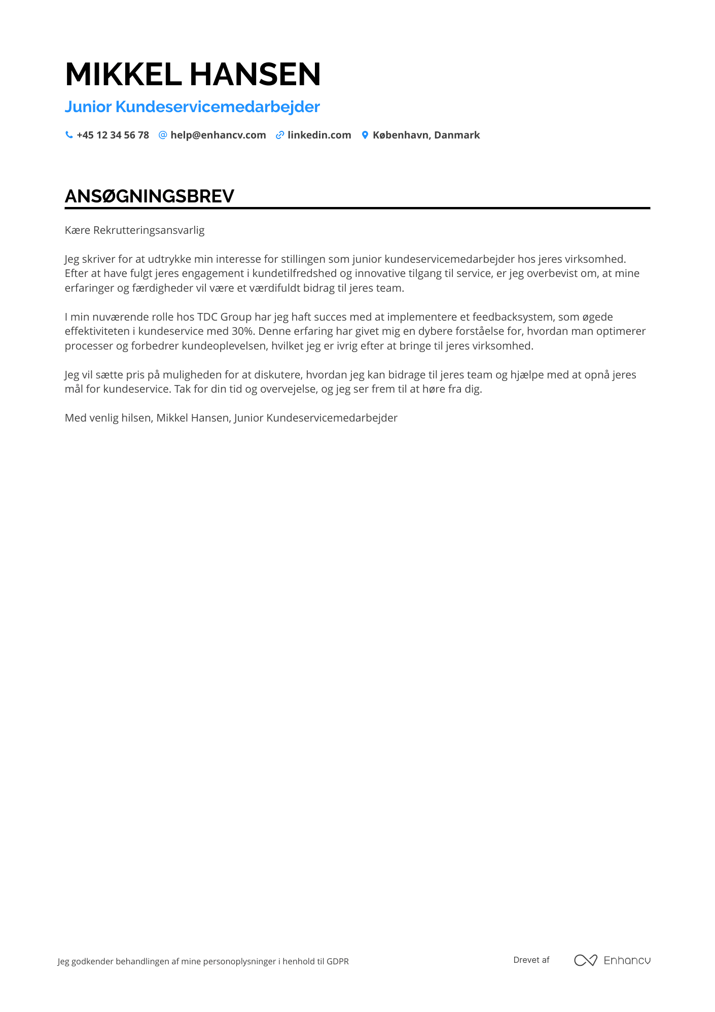 Ansøgningsbrev til Junior Kundeservicemedarbejder Resume Example