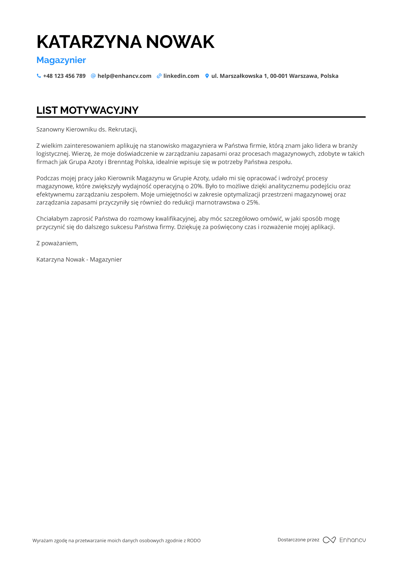 List motywacyjny dla Magazynier w Branży Chemicznej Resume Example