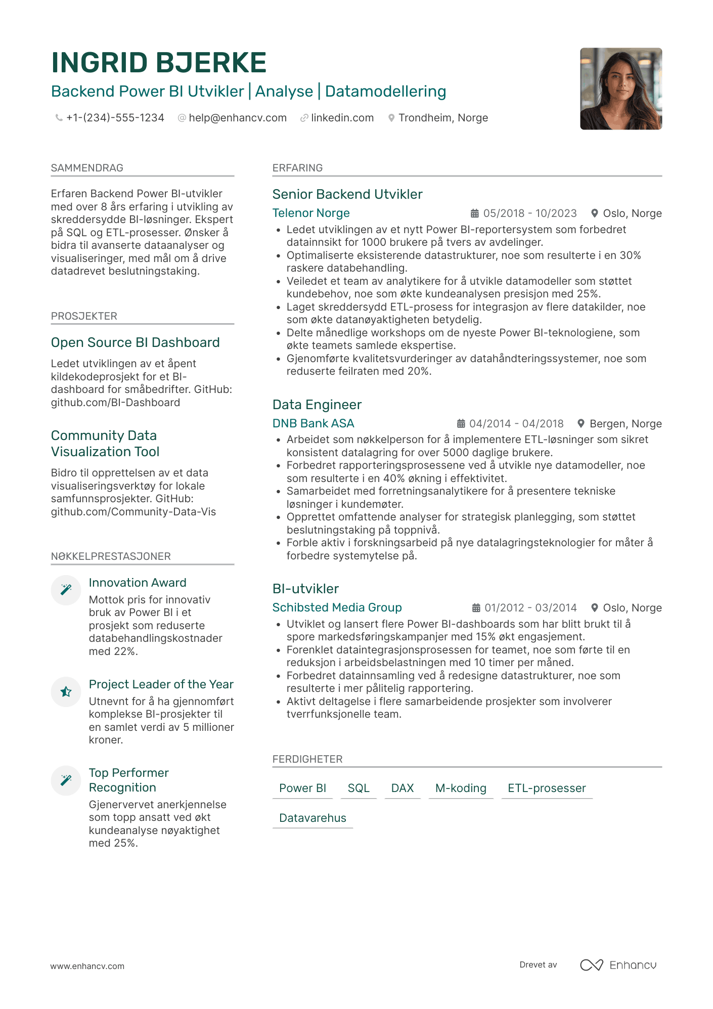 CV for Backend Power BI‑utvikler Resume Example