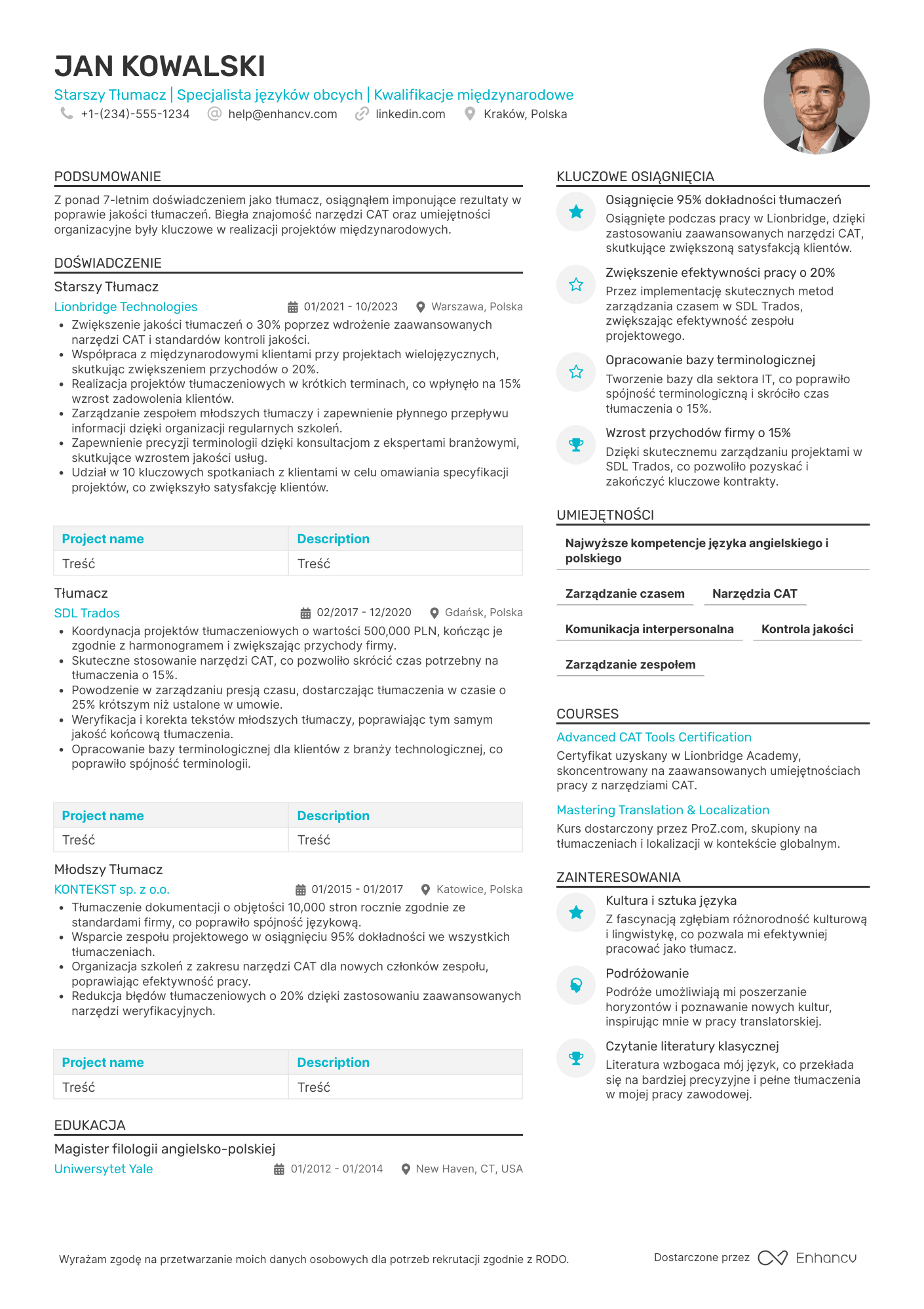 CV dla Starszy Tłumacz Resume Example