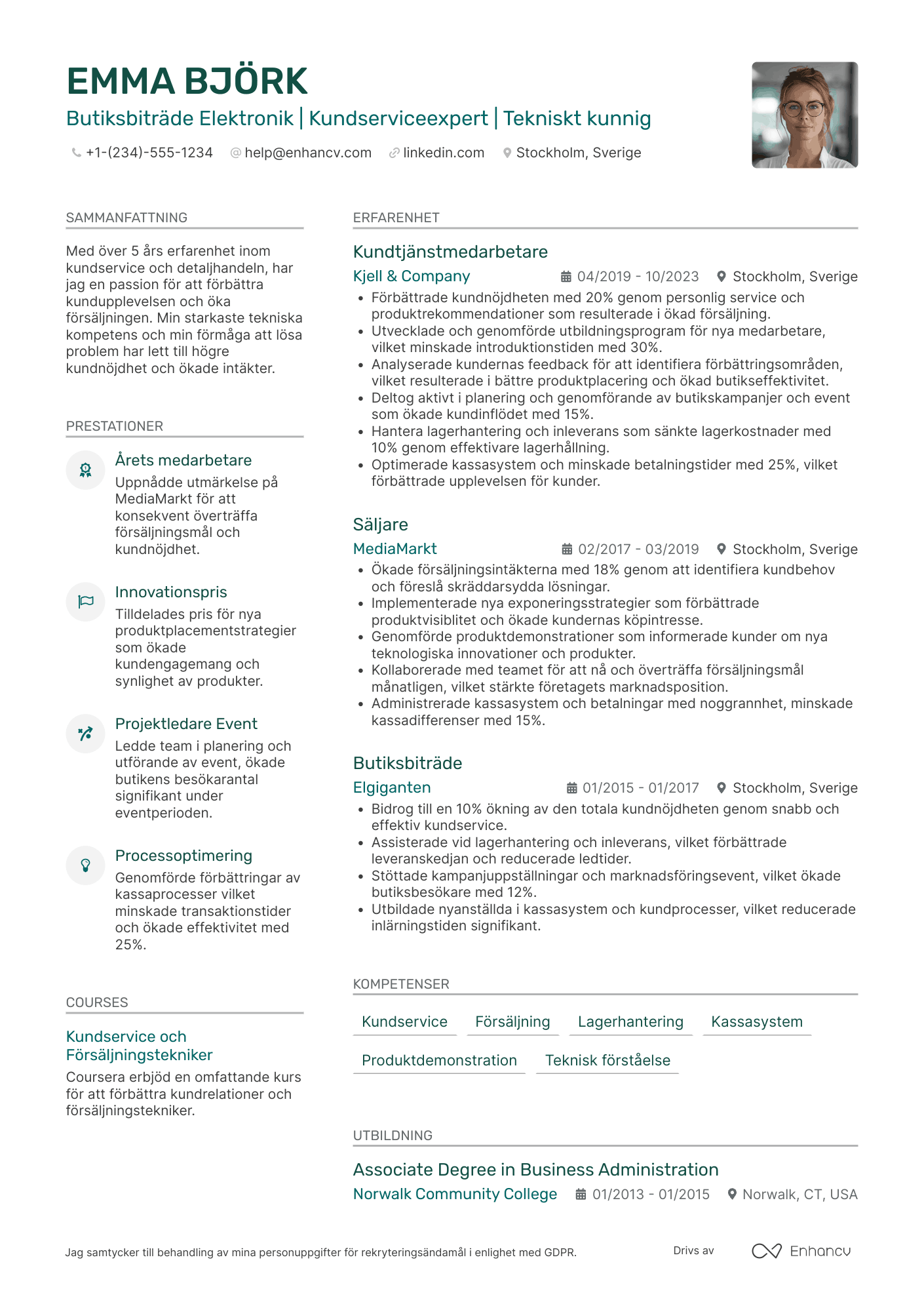 CV för Butiksbiträde Elektronik Resume Example