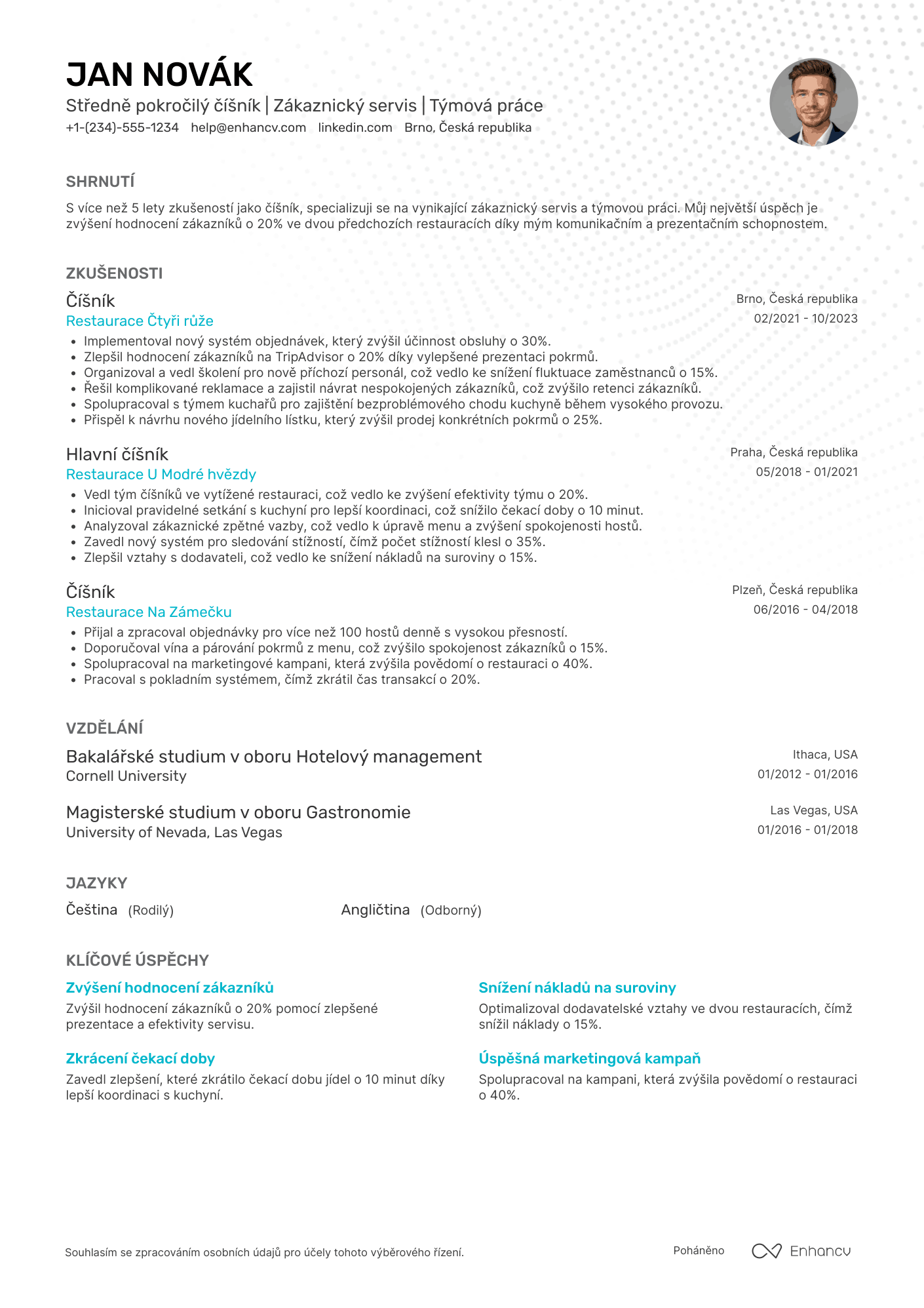 Životopis pro Středně pokročilý číšník Resume Example