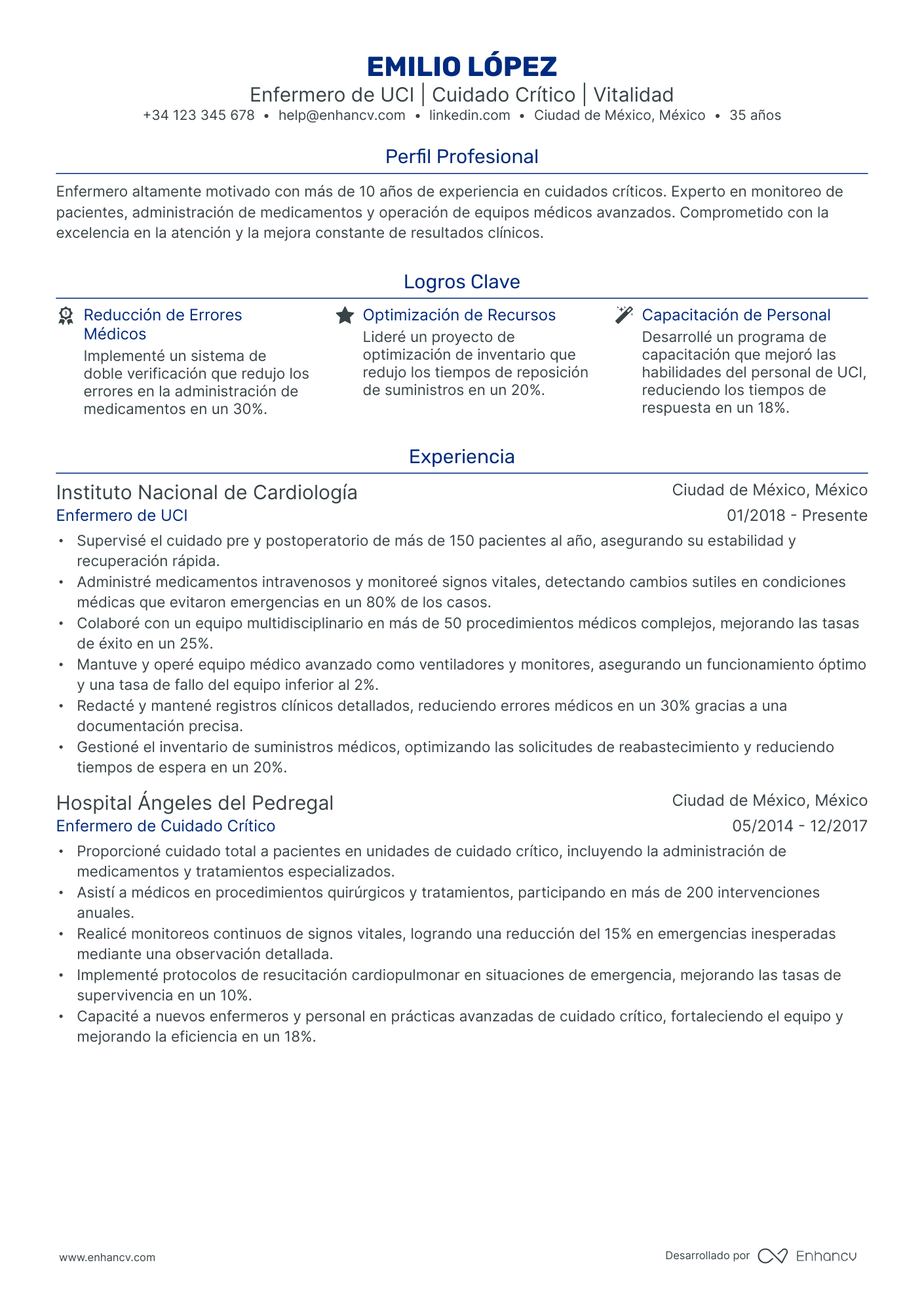 Auxiliar de Enfermería en Geriatría Resume Example