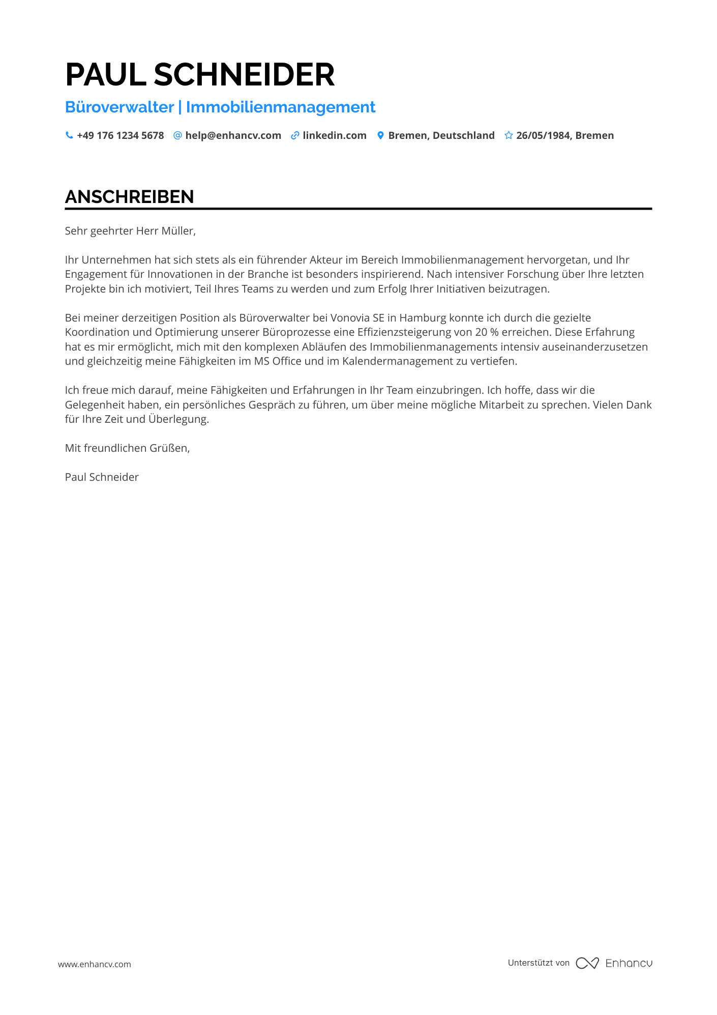 Büroverwalter für Immobilienbranche Resume Example