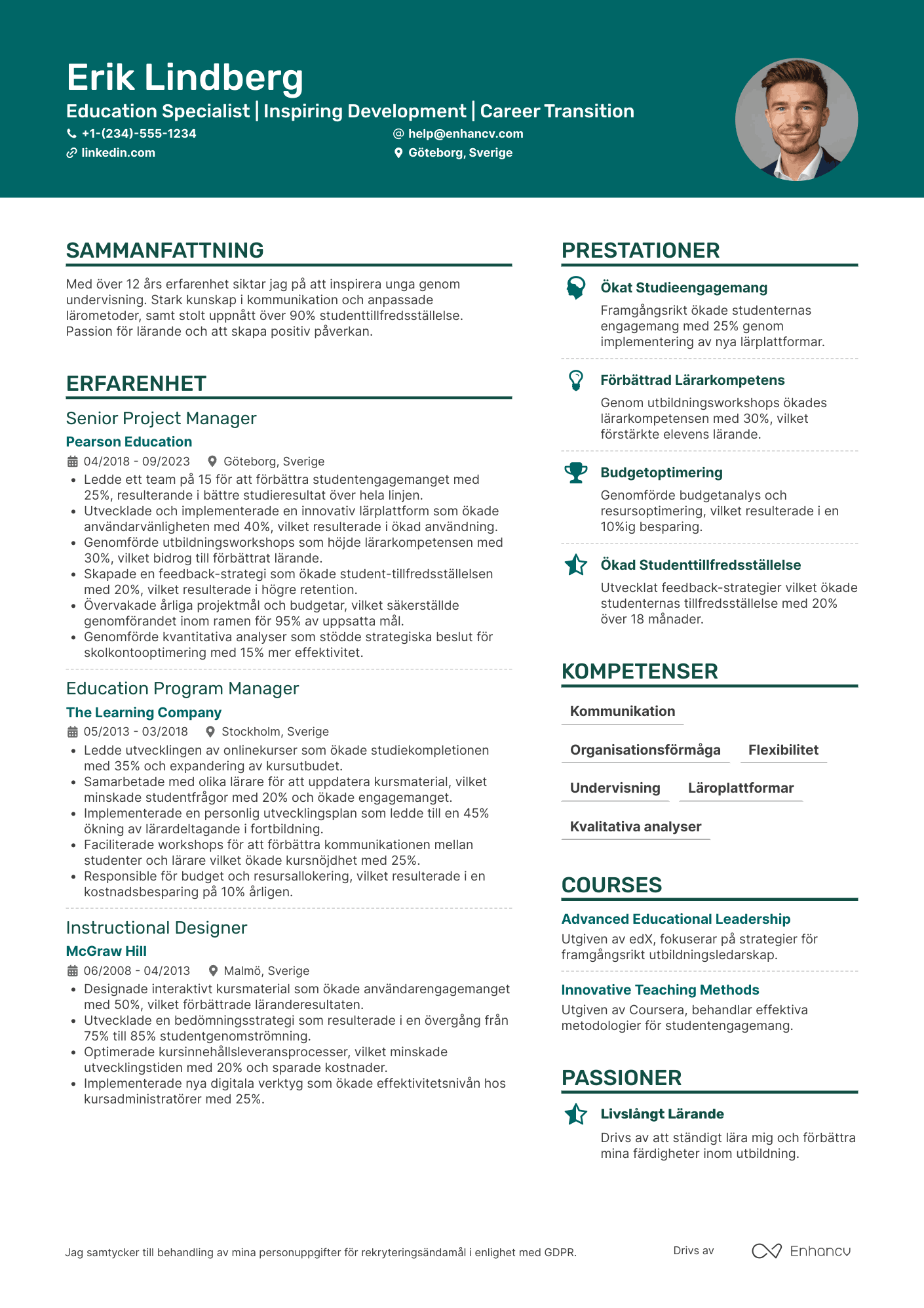 CV för Karriärbyte Undervisning och Utbildning Resume Example