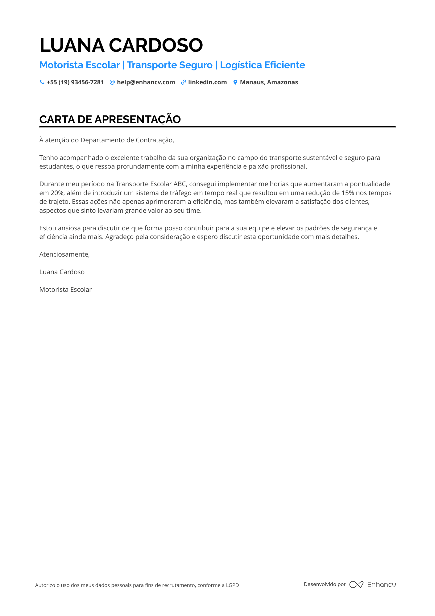 Motorista de Ônibus Escolar Resume Example