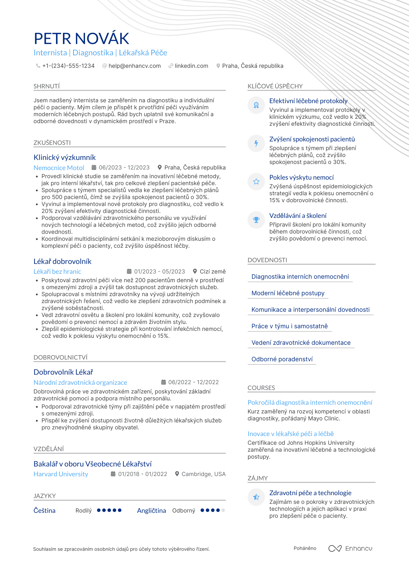 Životopis pro Lékař internista Resume Example