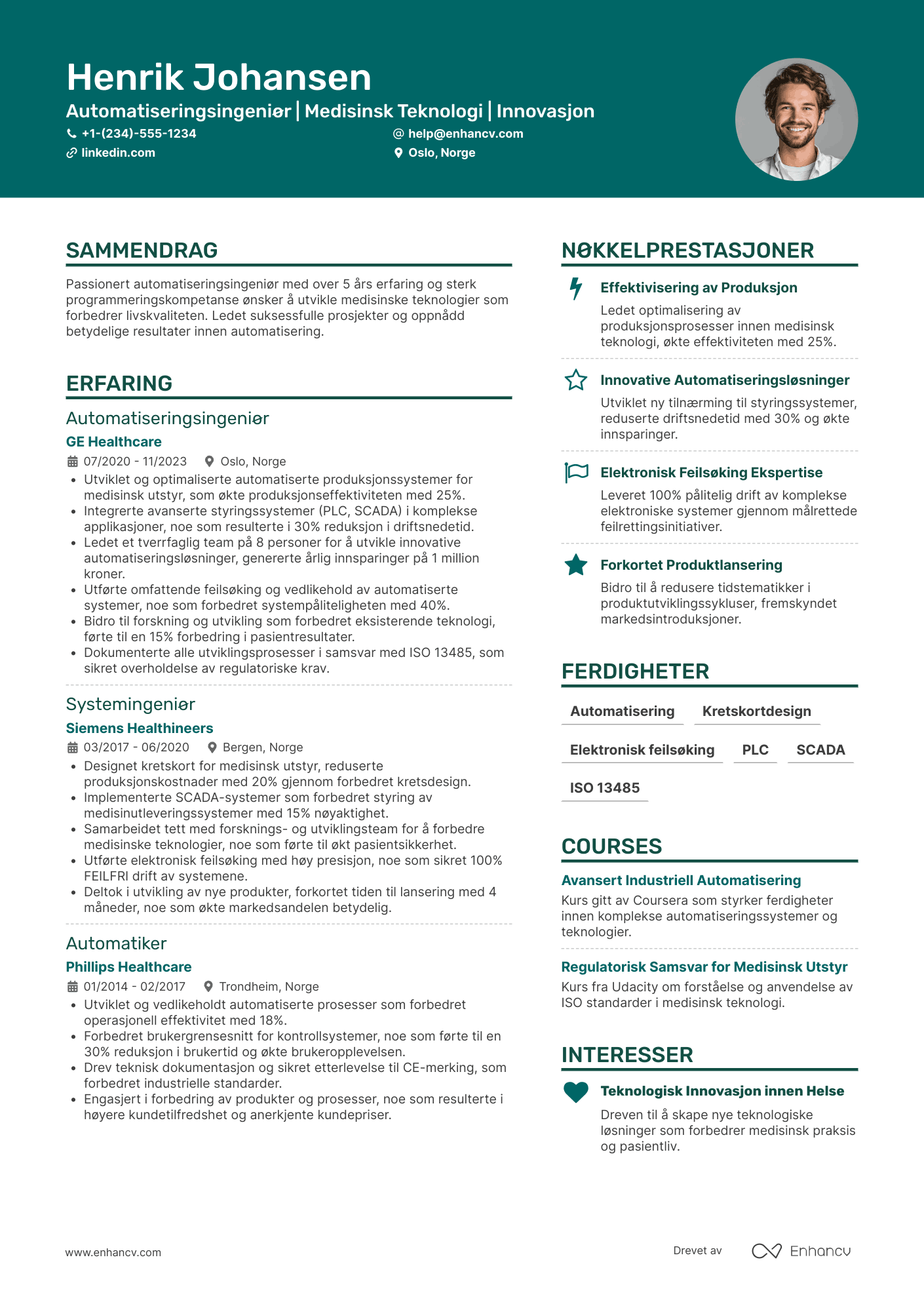 CV for Automatiseringsingeniør innen medisinsk teknologi Resume Example