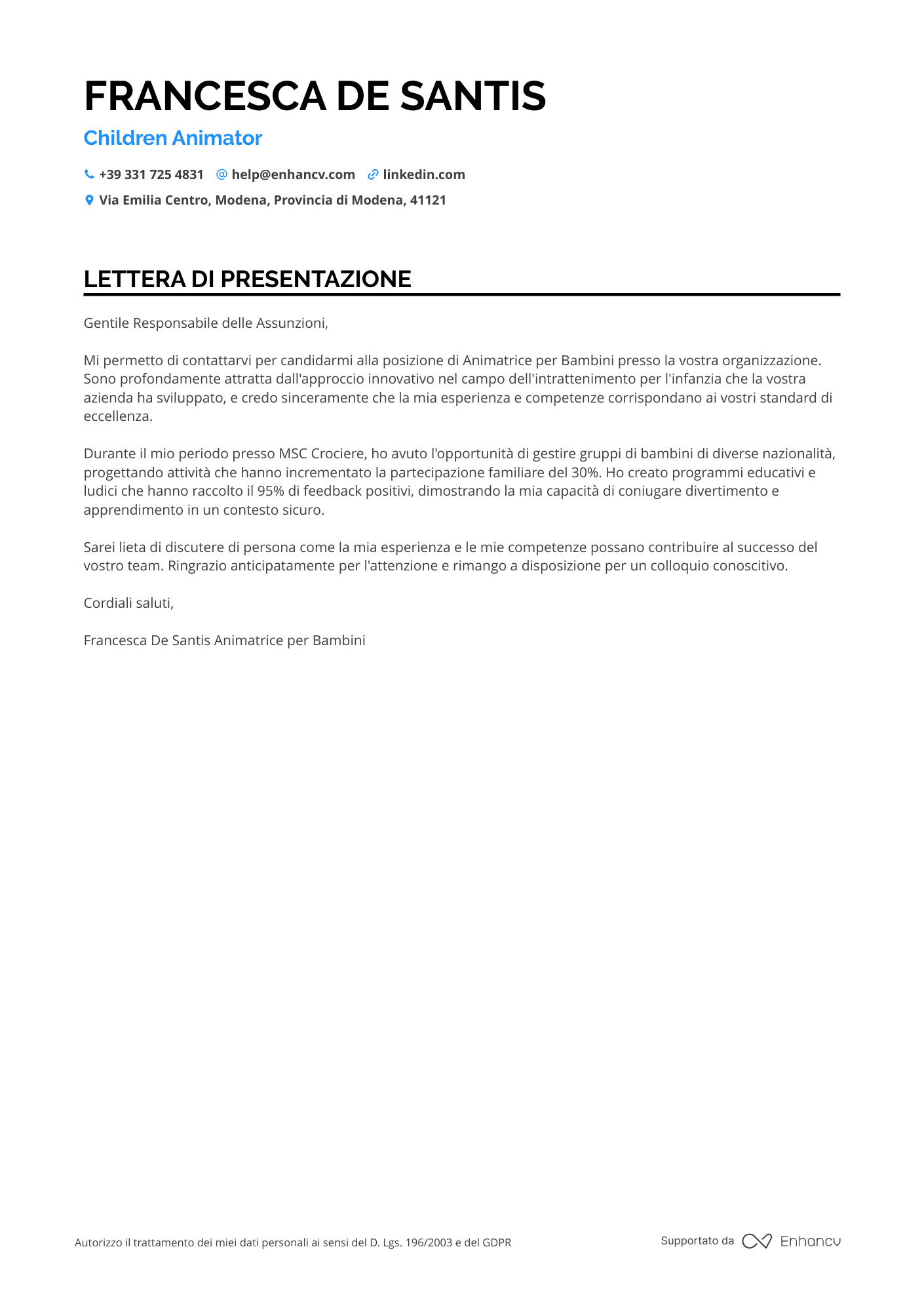 Animatore per Bambini Resume Example