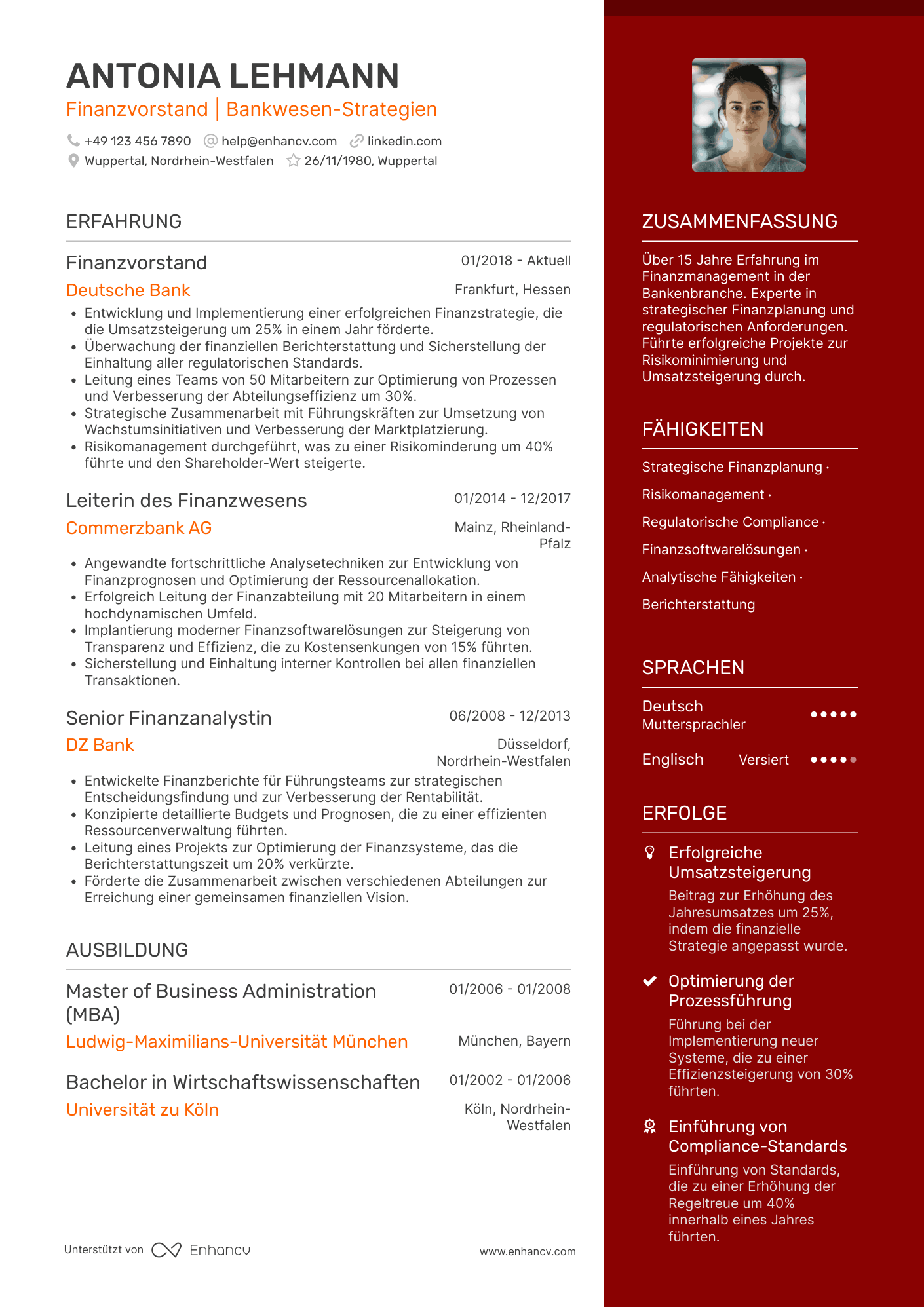 Lebenslauf in Finanzvorstand in der Bankenbranche Resume Example