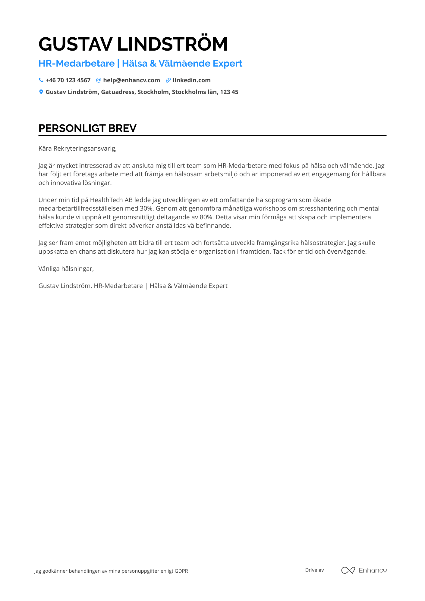 Personligt brev för HR Medarbetare inom Hälsa Resume Example