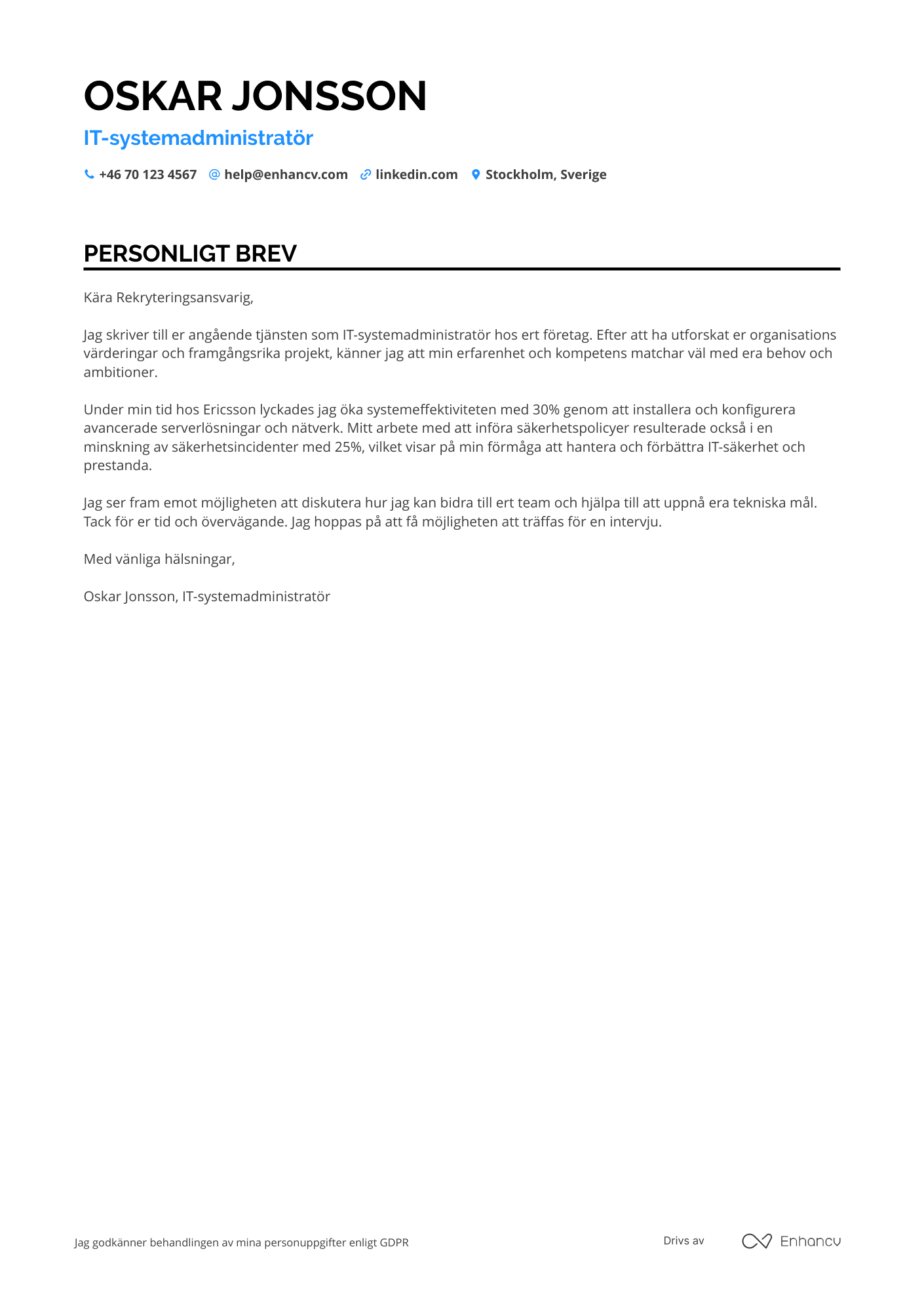 Personligt brev för IT systemadministratör Resume Example