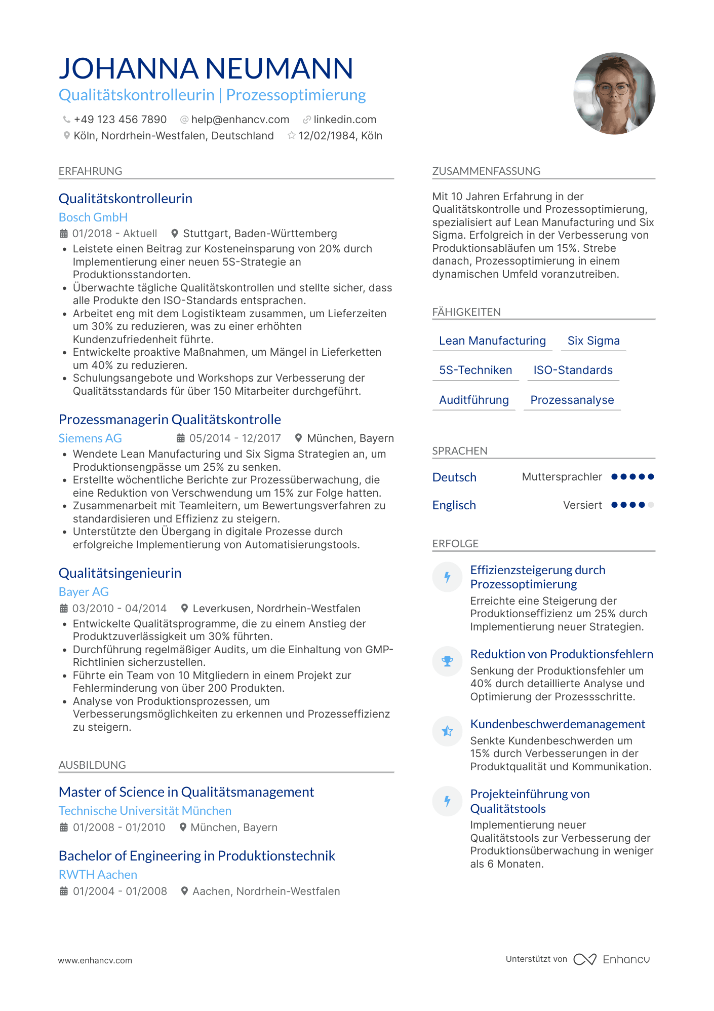 Lebenslauf als Qualitätskontrolleur für Prozessoptimierung Resume Example