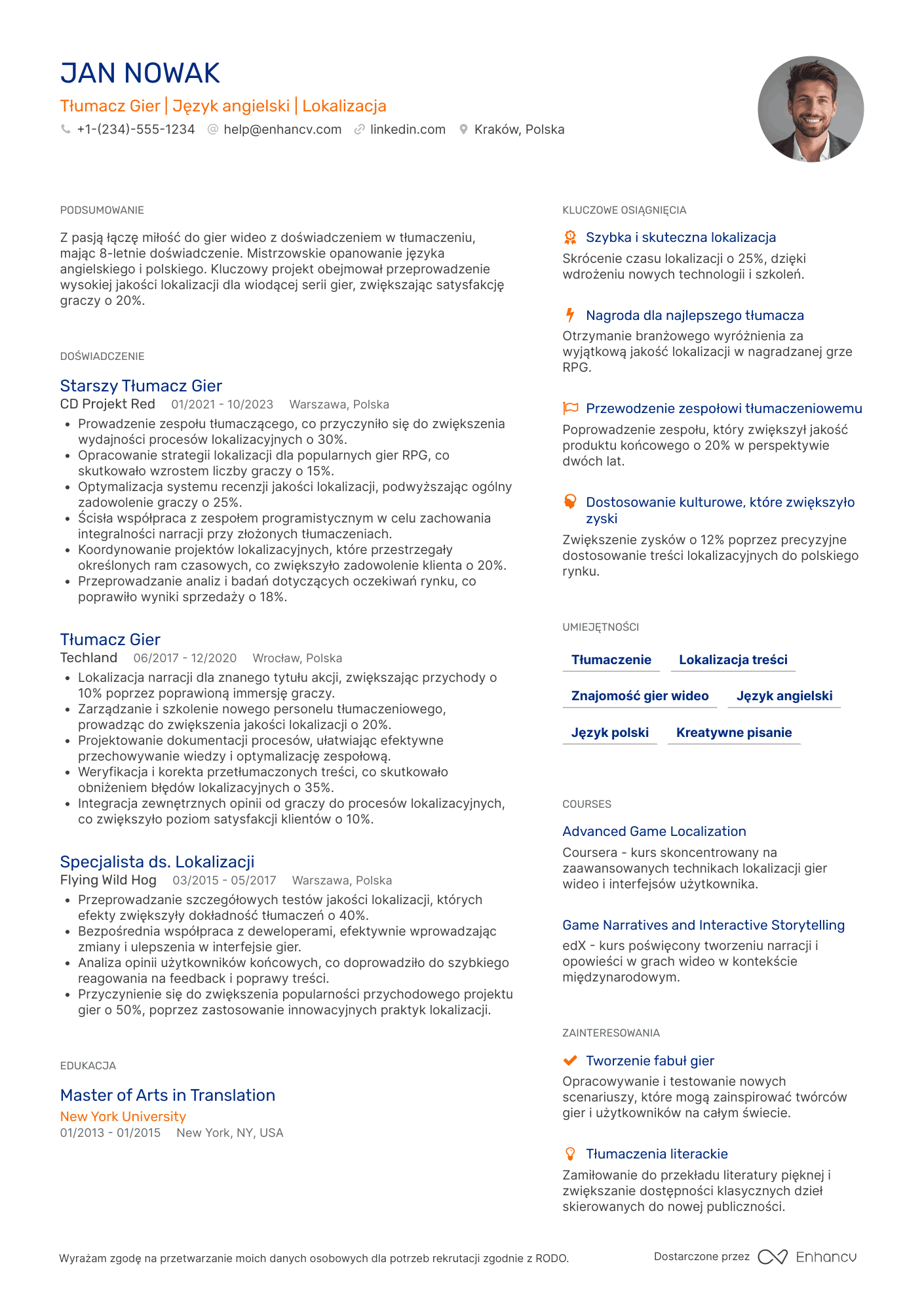 CV dla Tłumacz Gier Resume Example