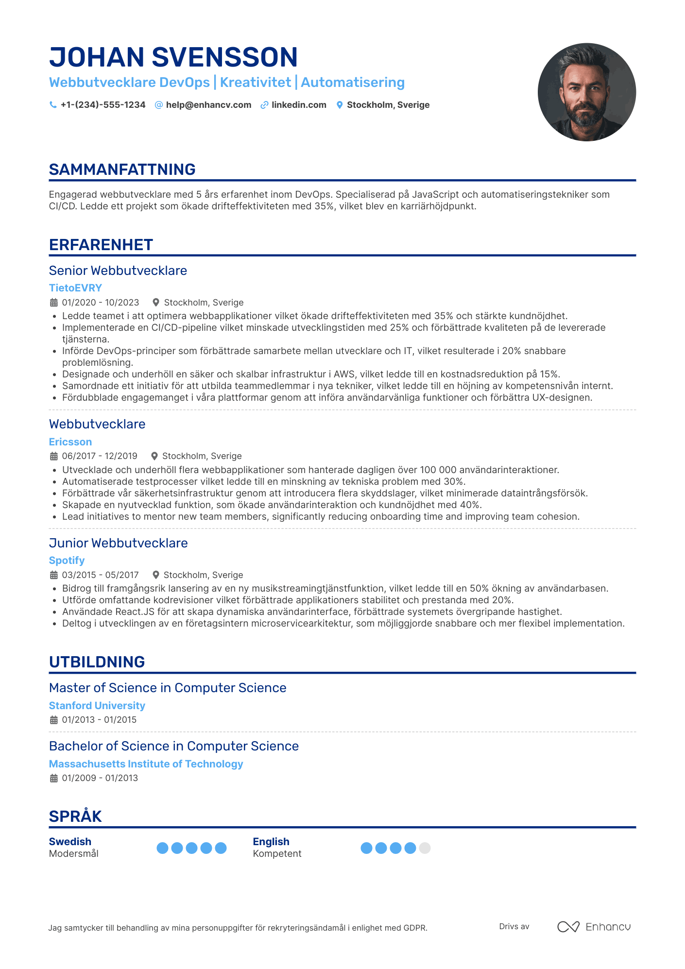 CV för Webbutvecklare DevOps Resume Example
