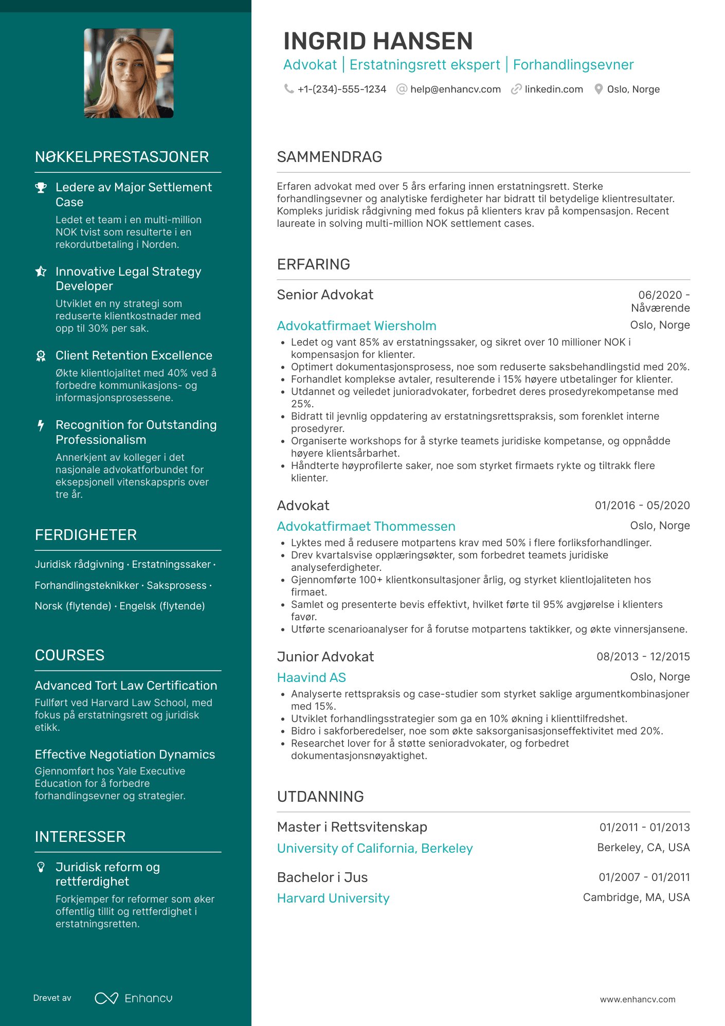CV for Advokat for erstatningsrett Resume Example