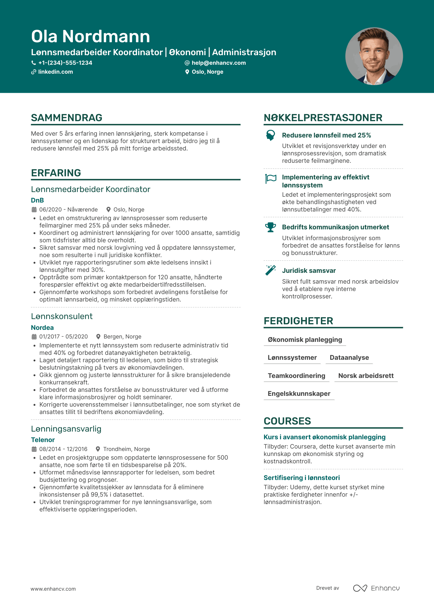 CV for Lønnsmedarbeider Koordinator Resume Example