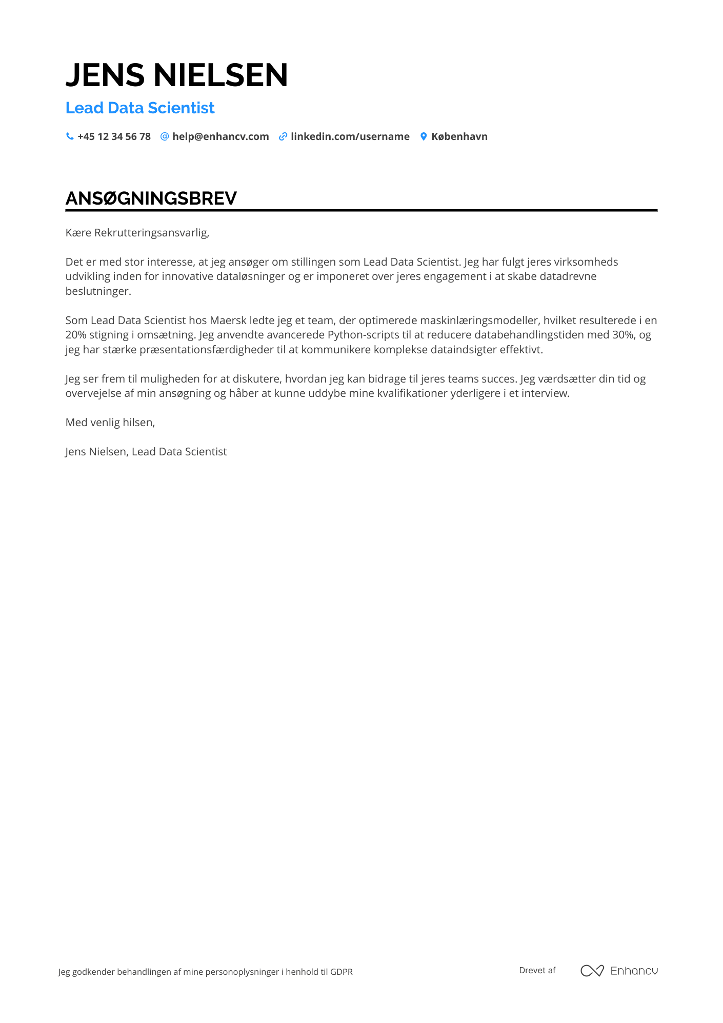 Ansøgningsbrev til Lead Data Scientist Resume Example