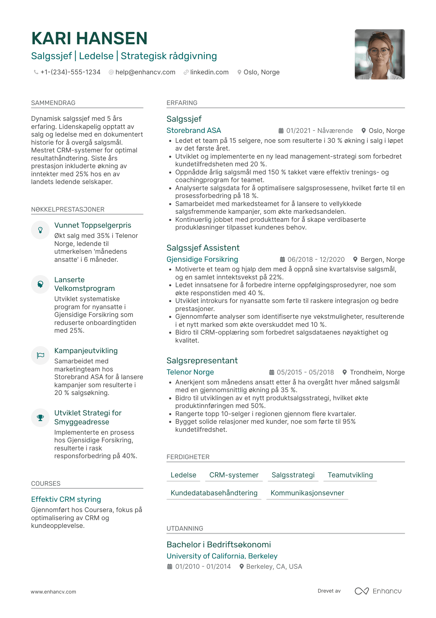 CV for Salgssjef Inngående Salg Resume Example