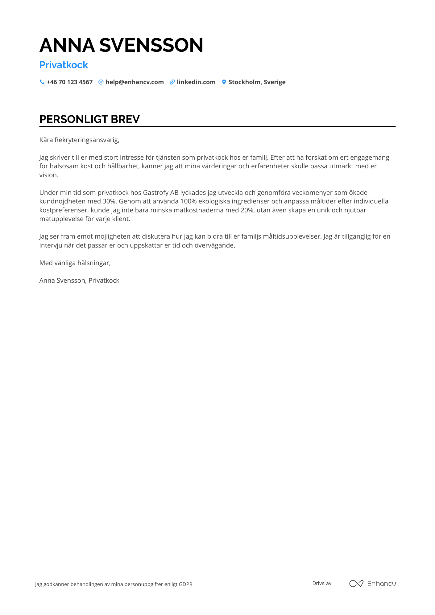 Personligt brev för Privatkock Resume Example