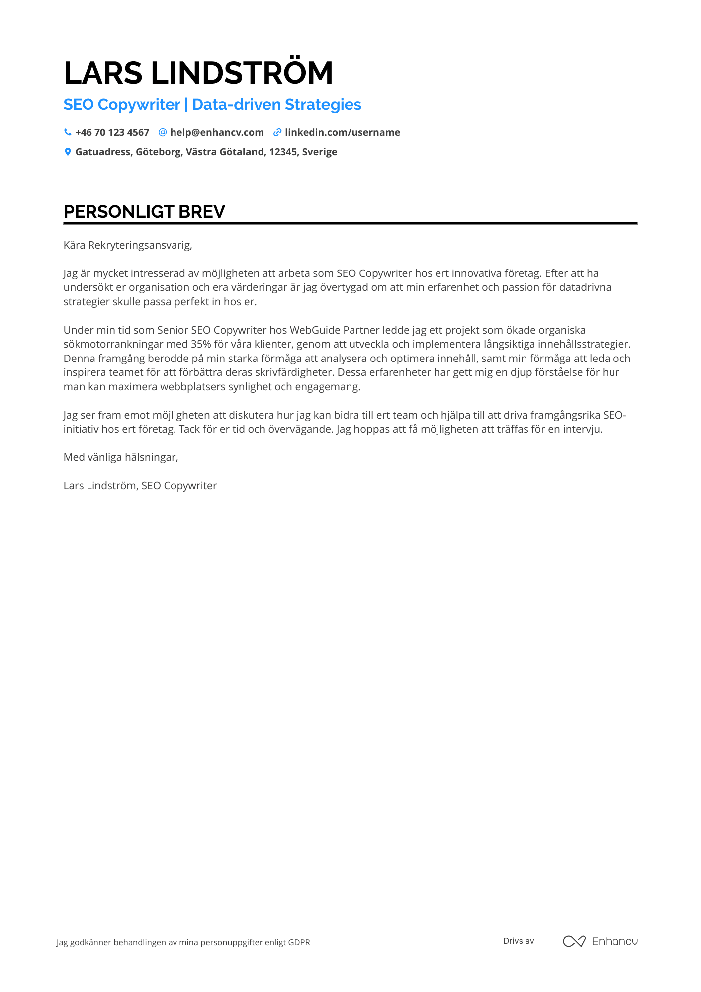 Personligt brev för SEO Copywriter Resume Example