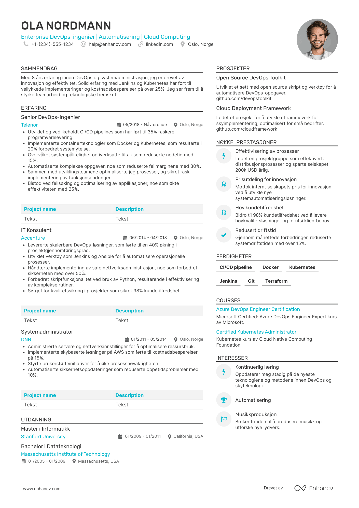 CV for Enterprise DevOps ingeniør Resume Example