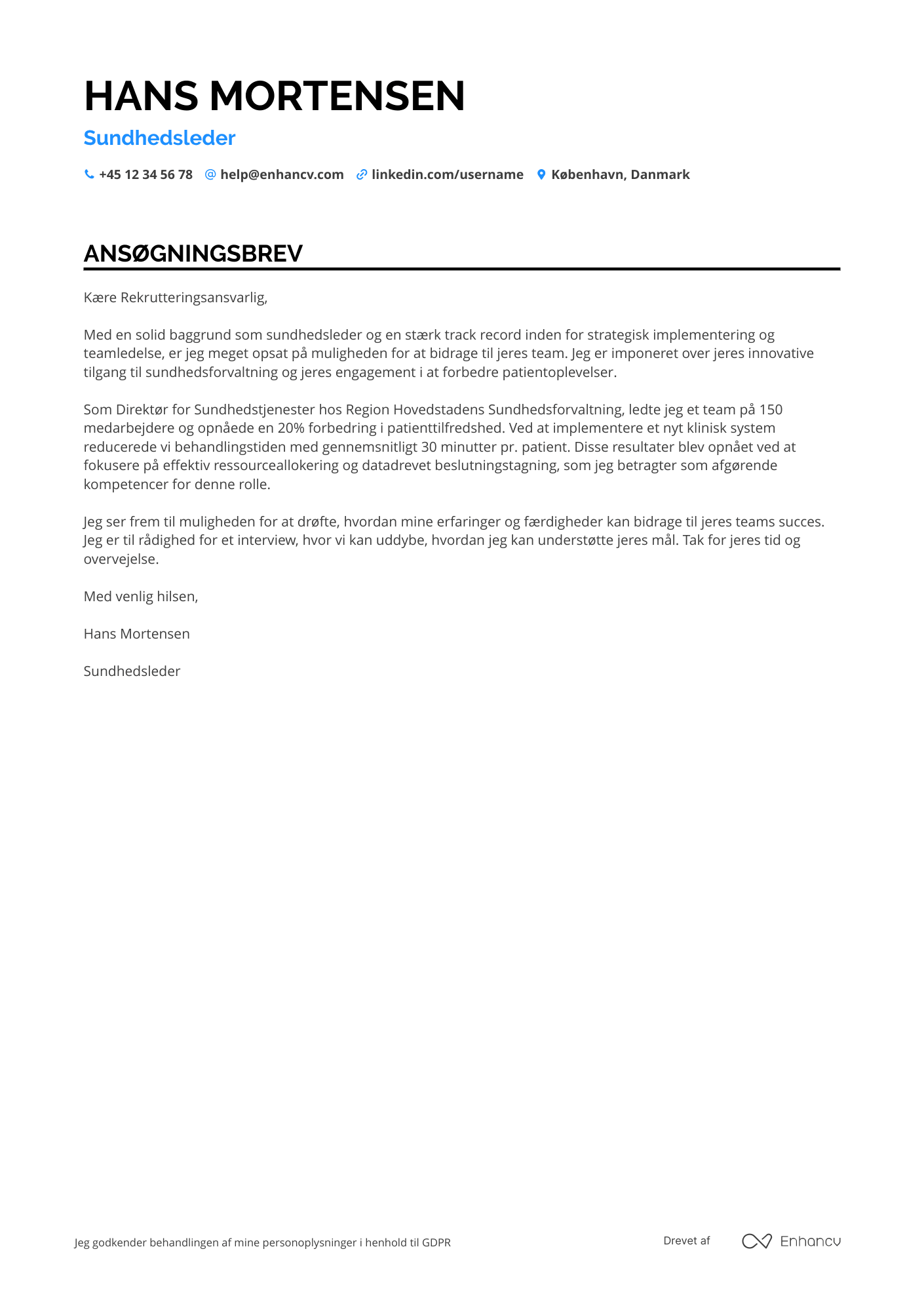 Ansøgningsbrev til Sundhedsledelse Resume Example
