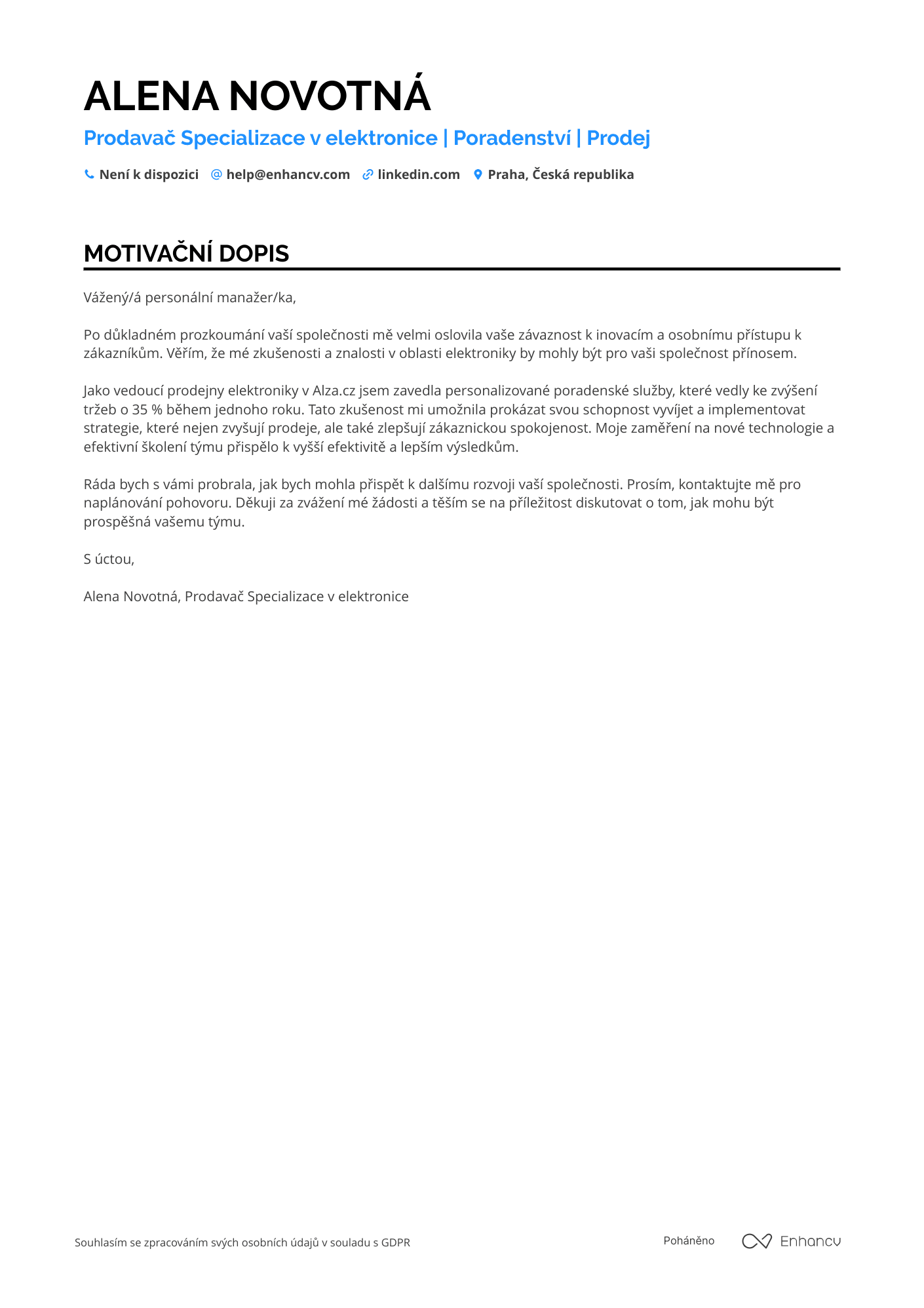 Motivační dopis pro Prodavač v obchode s elektronikou Resume Example