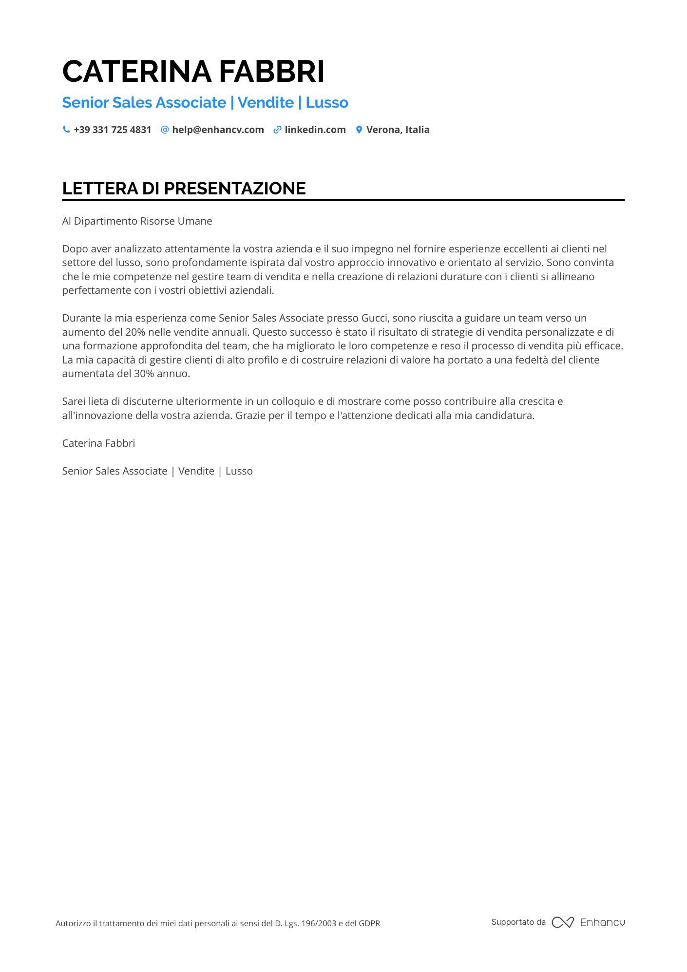 Addetto Alle Vendite Senior Resume Example