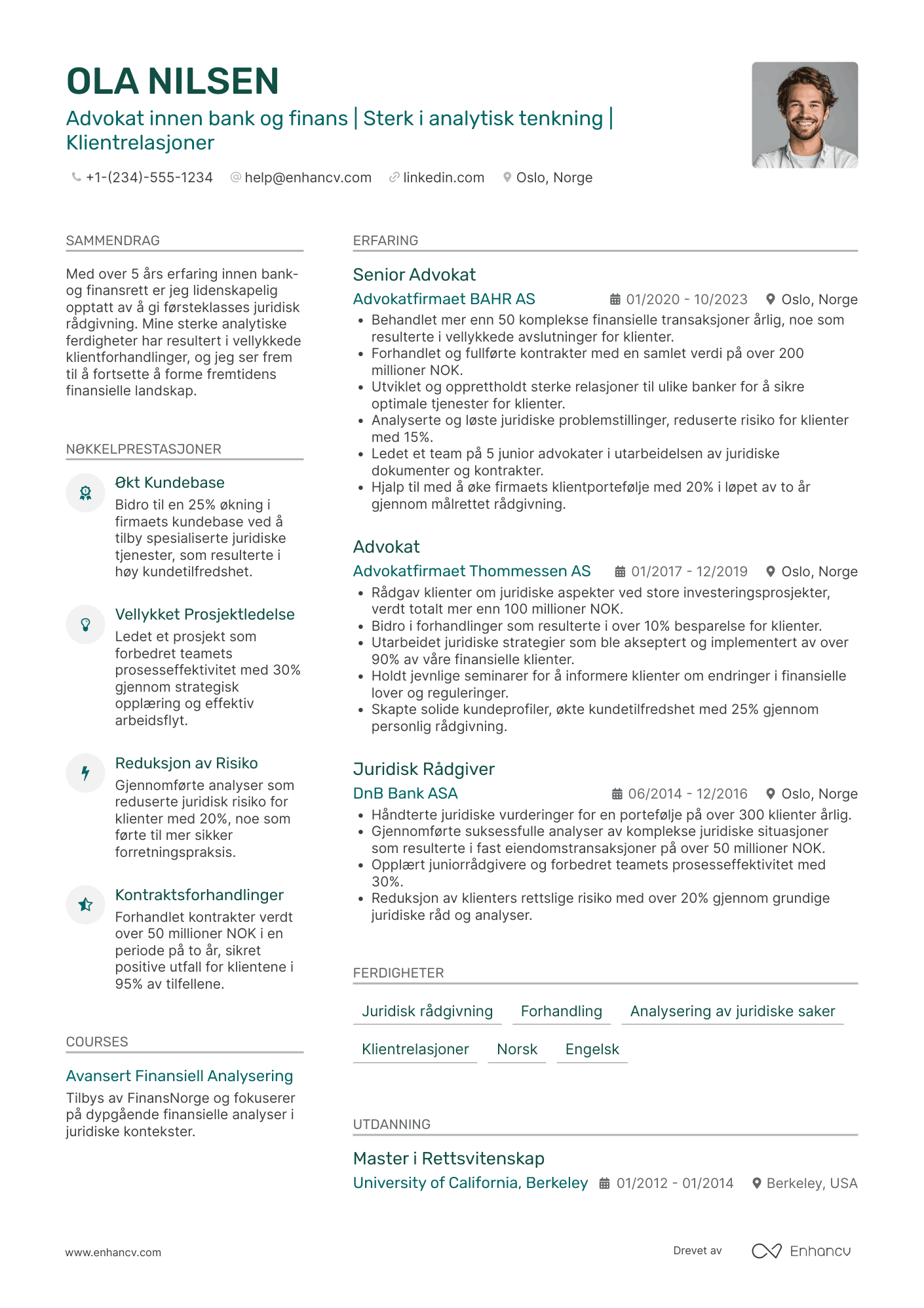 CV for Advokat innen bank og finans Resume Example