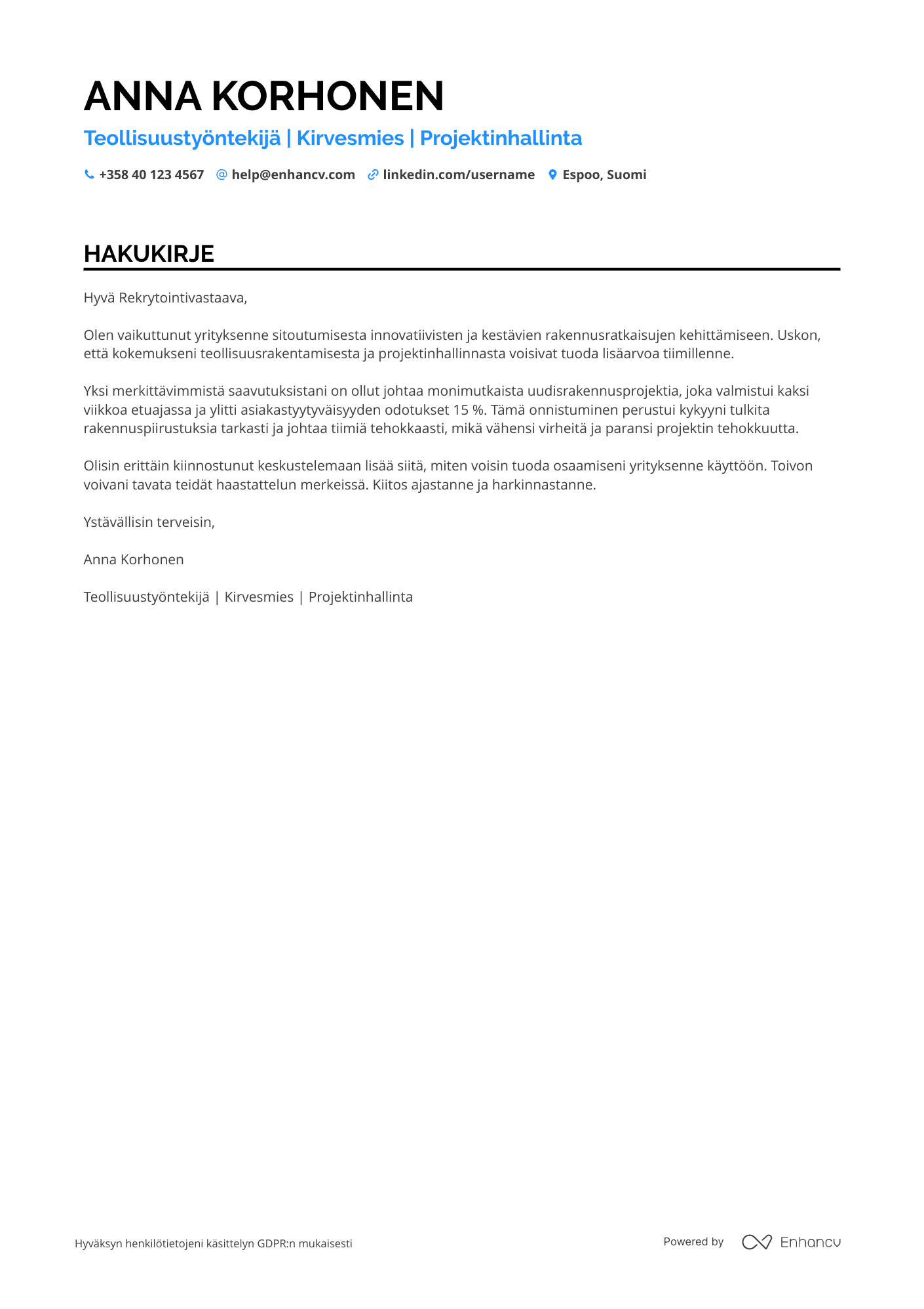 Hakukirje Teollisuustyöntekijä Kirvesmies Resume Example