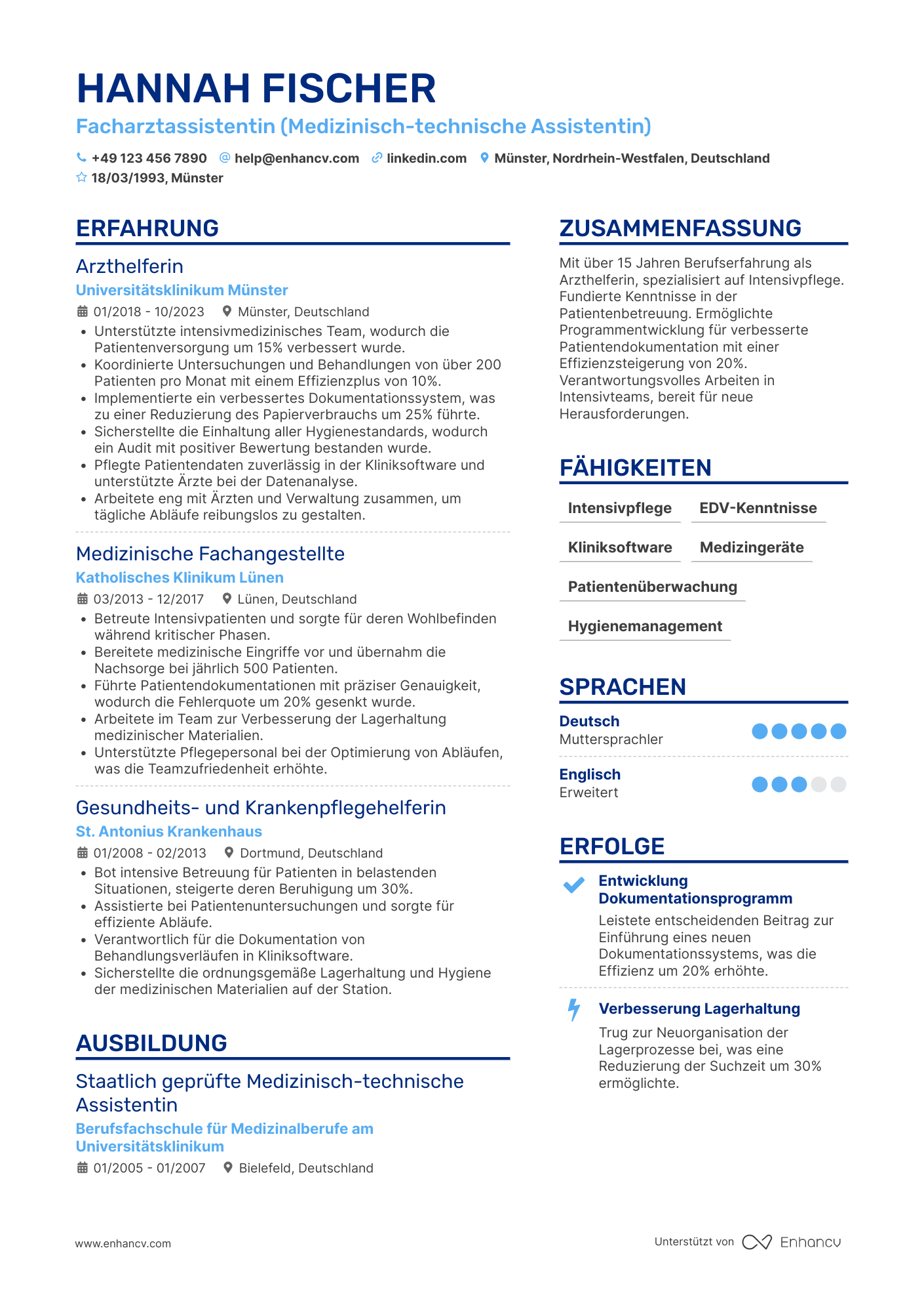 Lebenslauf als Arzthelferin mit Erfahrung in der Intensivpflege Resume Example