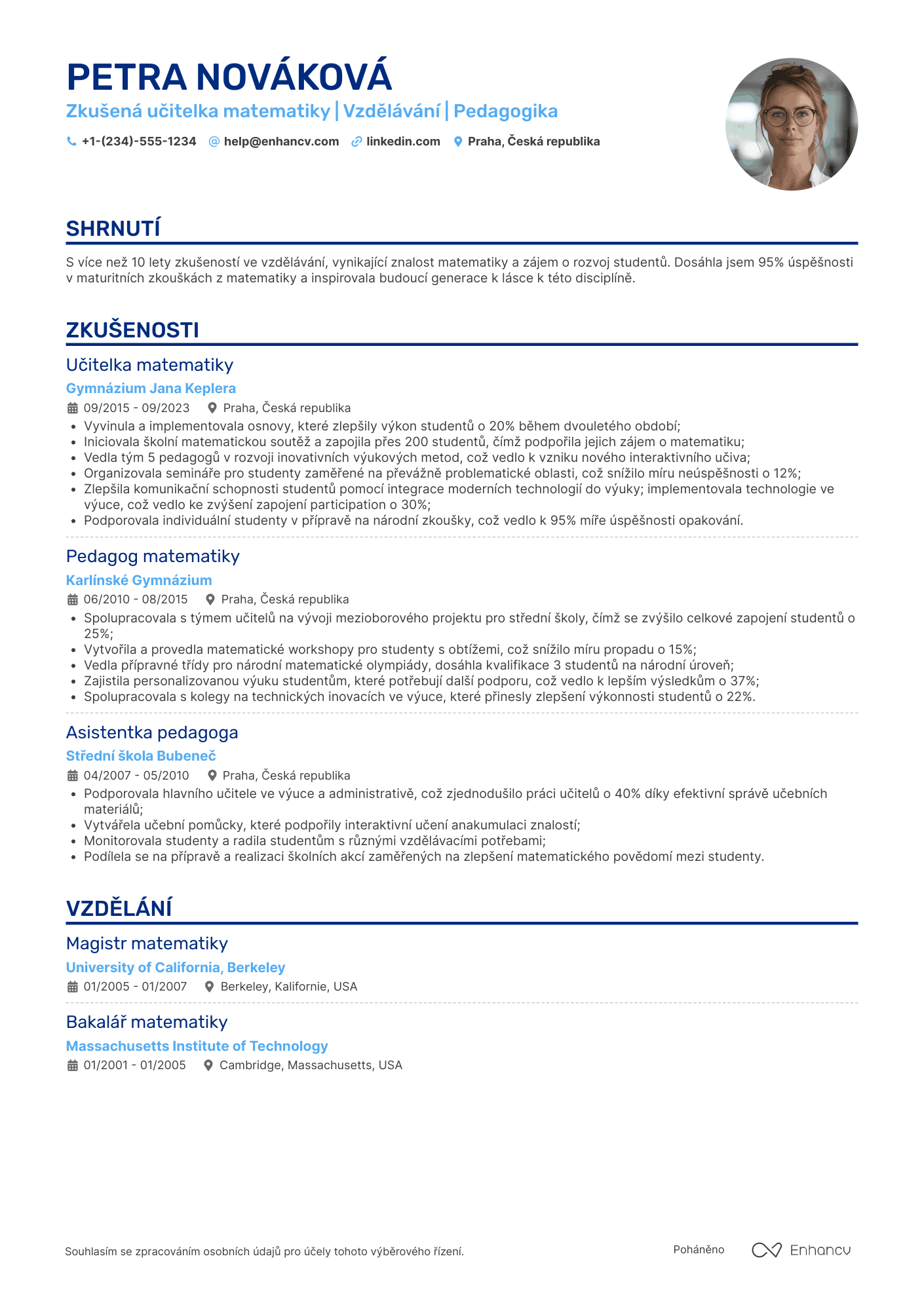 Životopis pro Zkušený učitel matematiky Resume Example