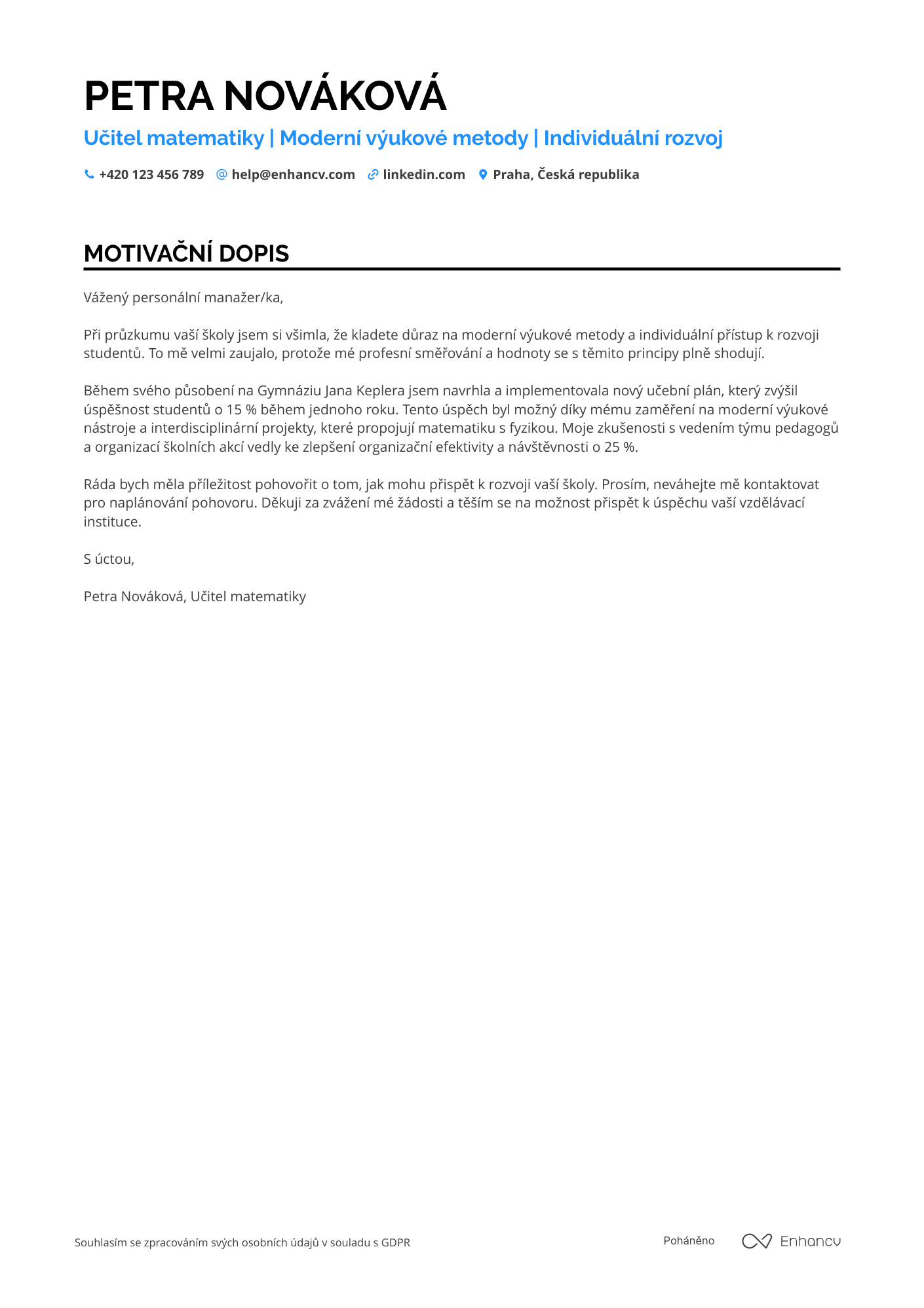 Motivační dopis pro Učitel matematiky Resume Example