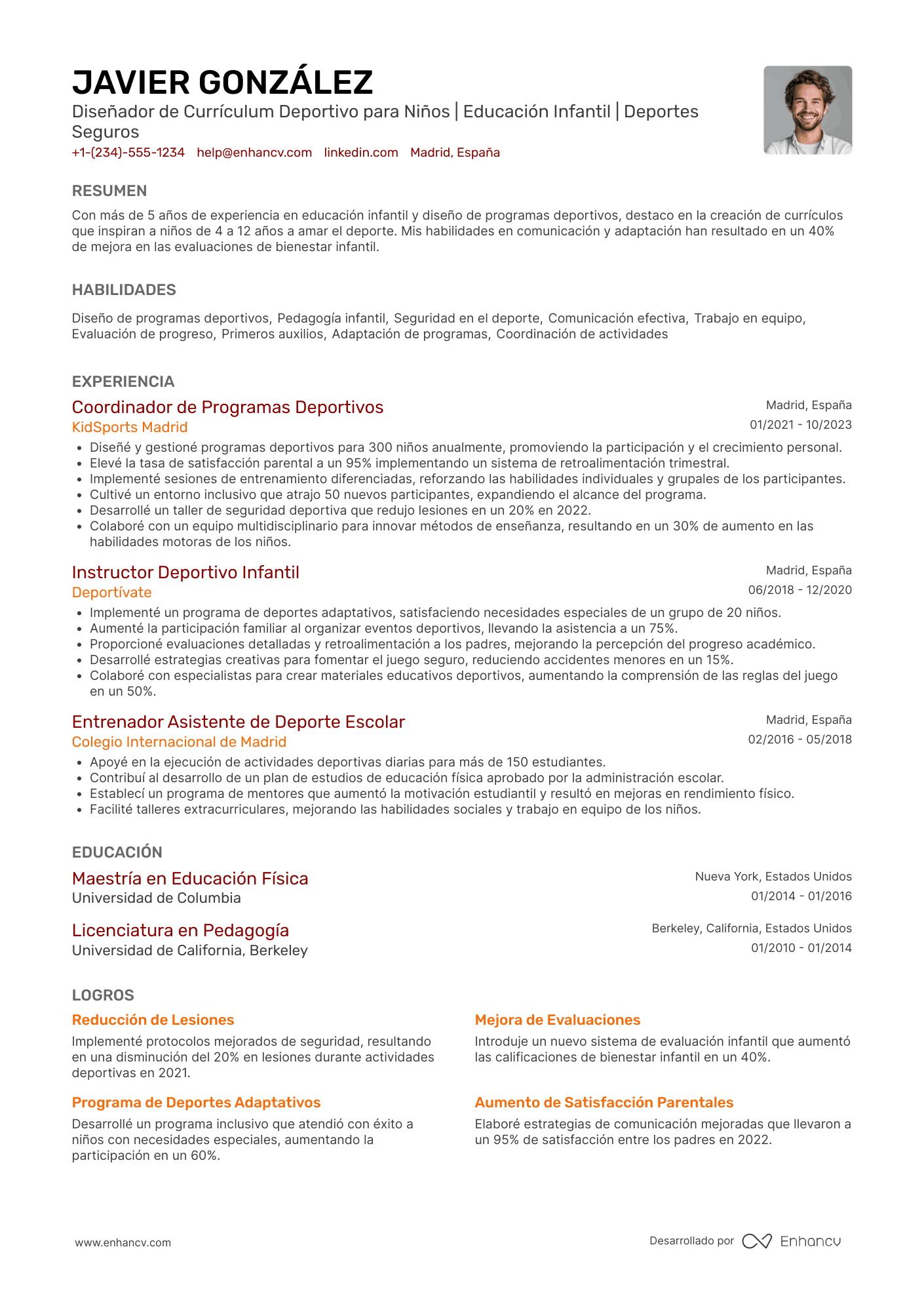 Ejemplo de currículum deportivo para niños Resume Example