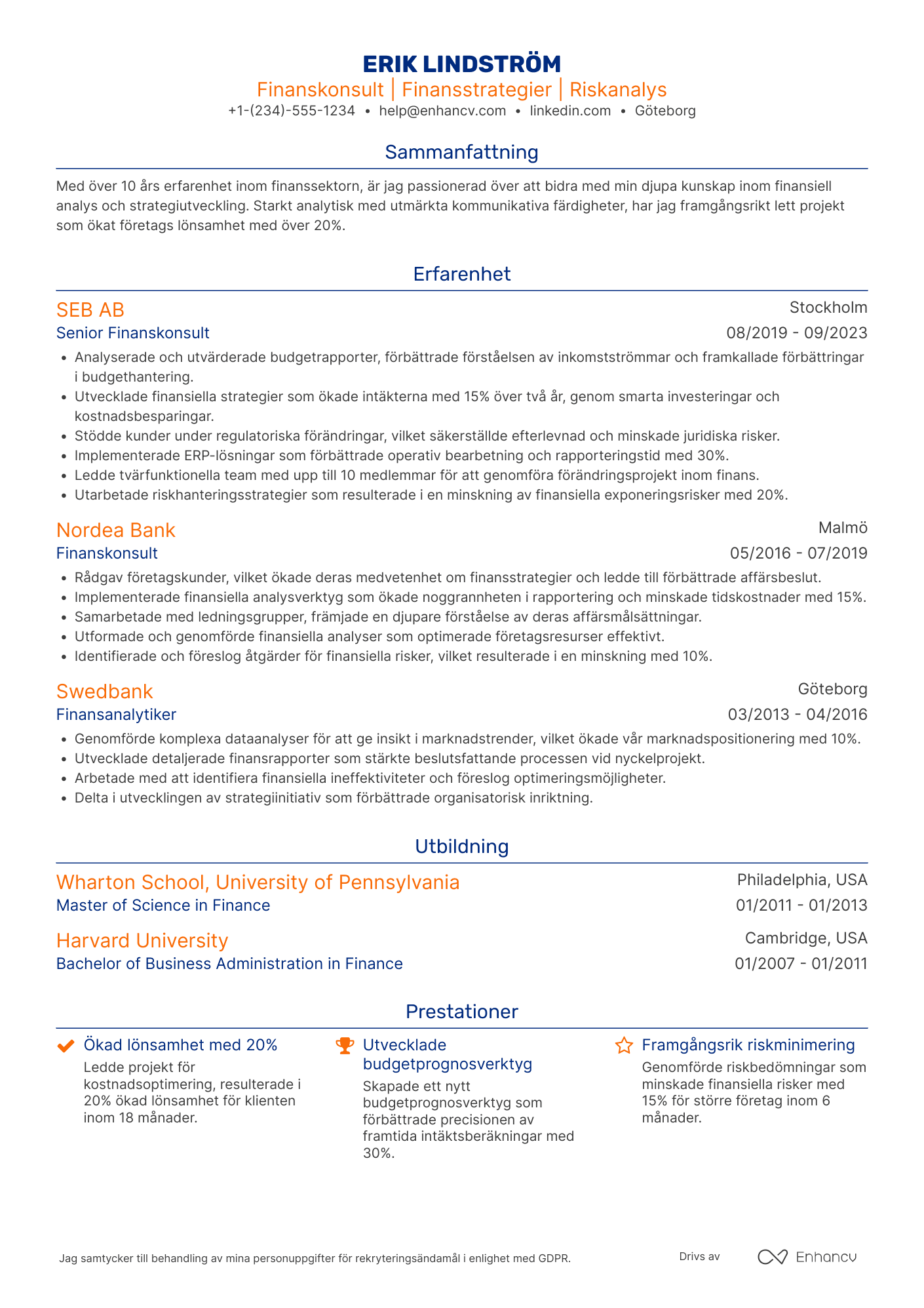 CV för Konsult inom finanssektorn Resume Example