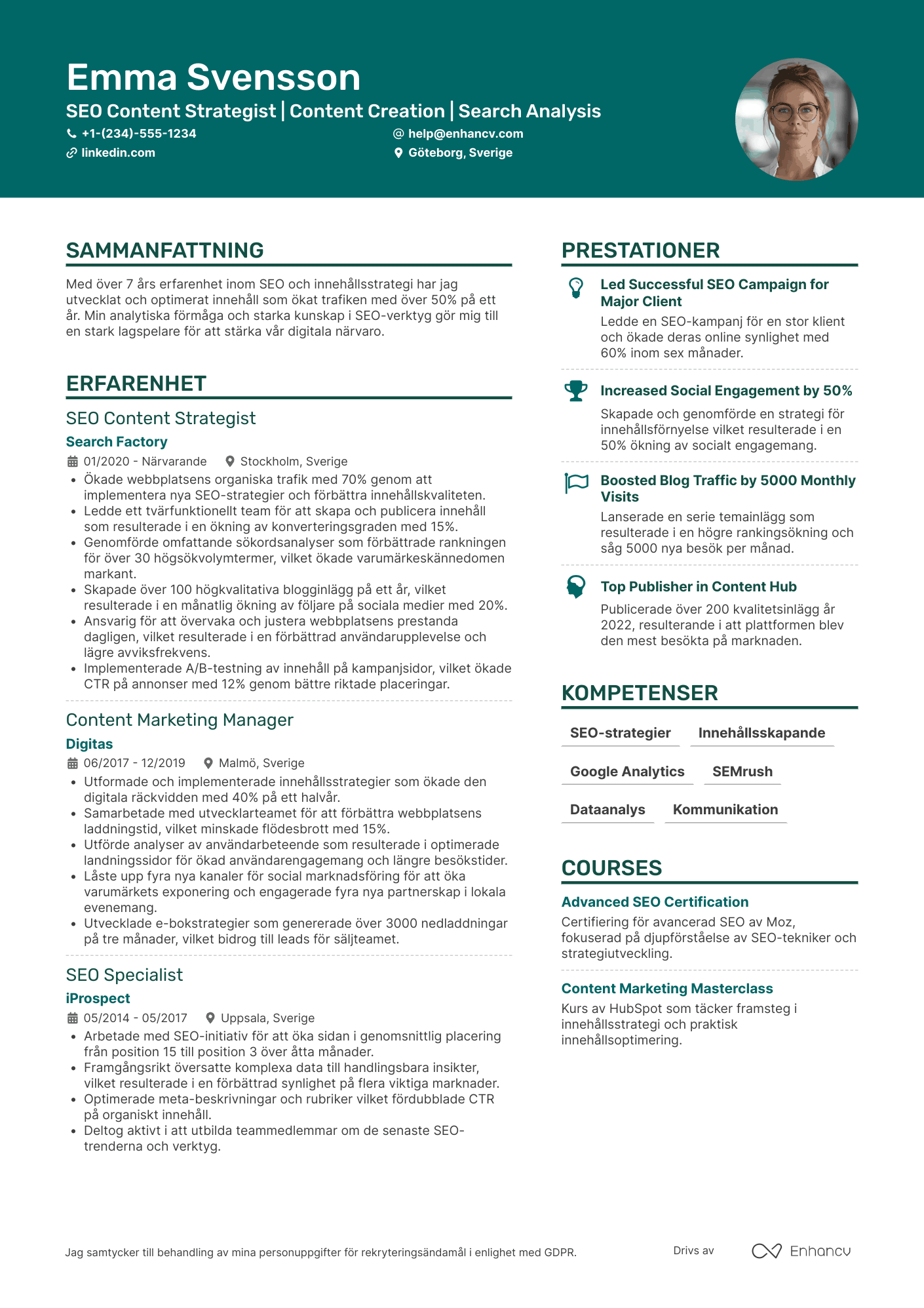 CV för SEO Content Strategist Resume Example