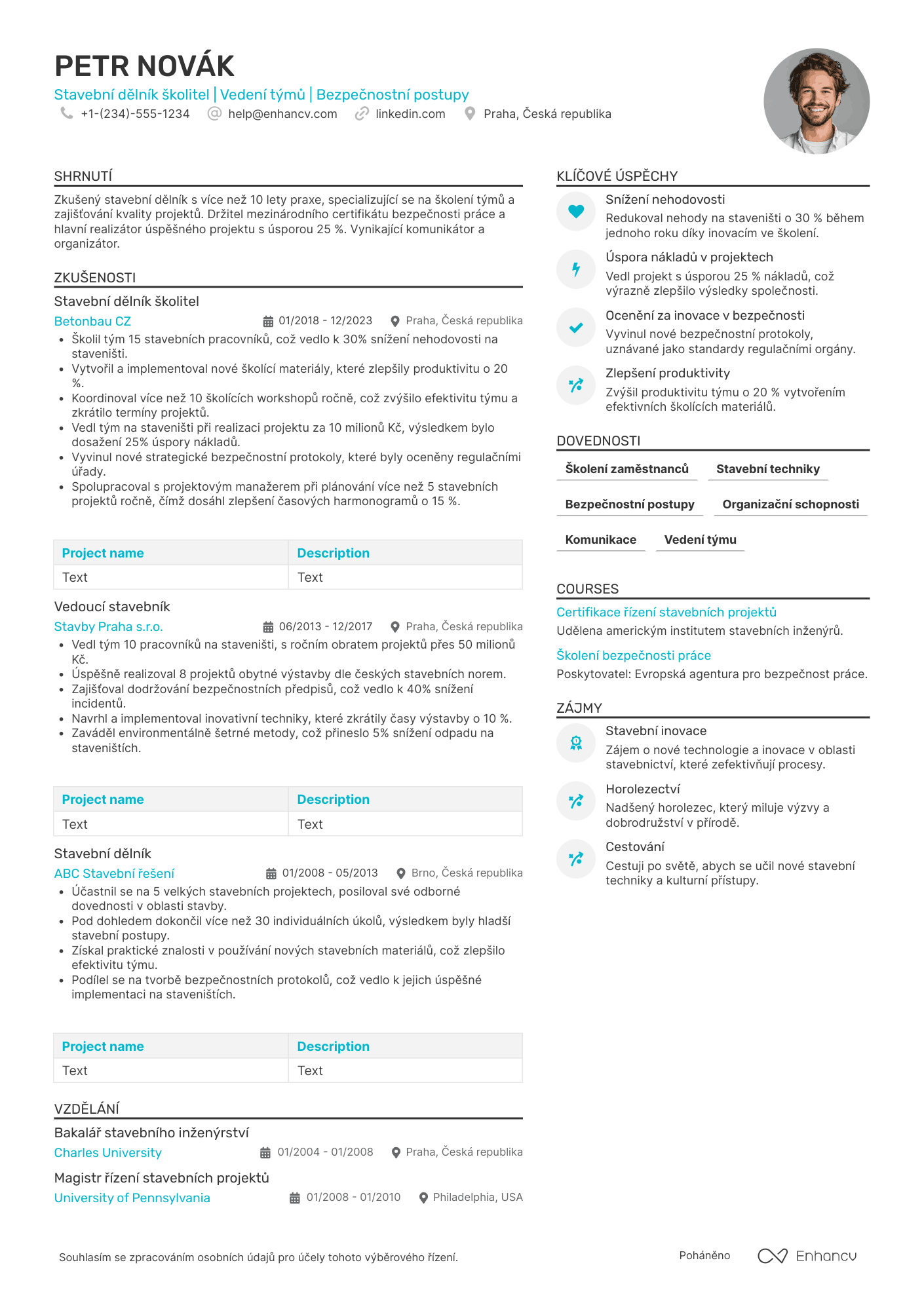 Životopis pro Stavební dělník školitel Resume Example