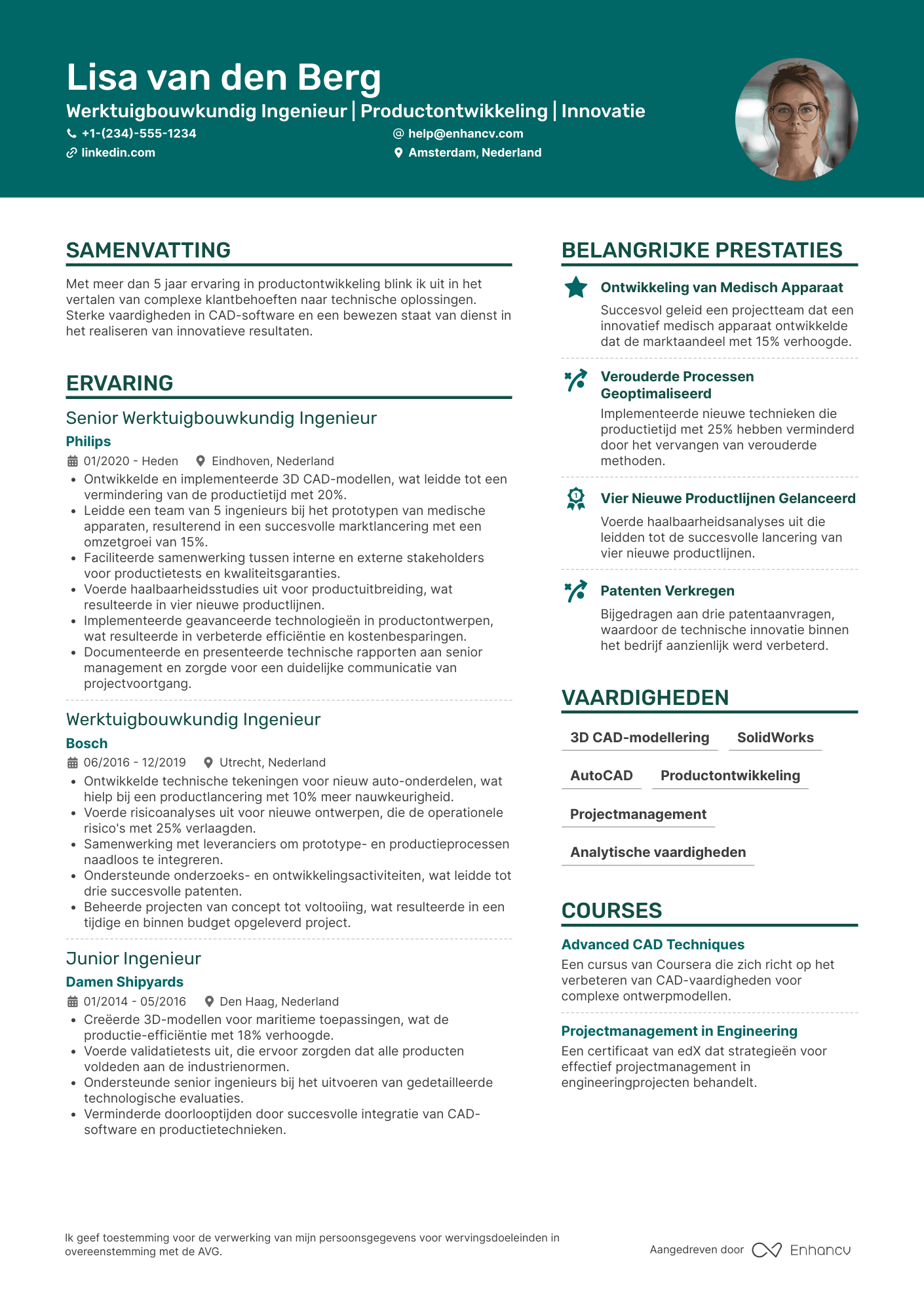 CV voor Werktuigbouwkundig Ingenieur Productontwikkeling Resume Example