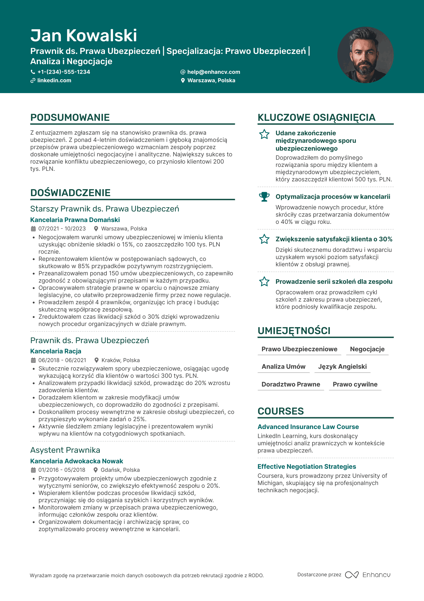 CV dla Prawnik ds. Prawa Ubezpieczeń Resume Example