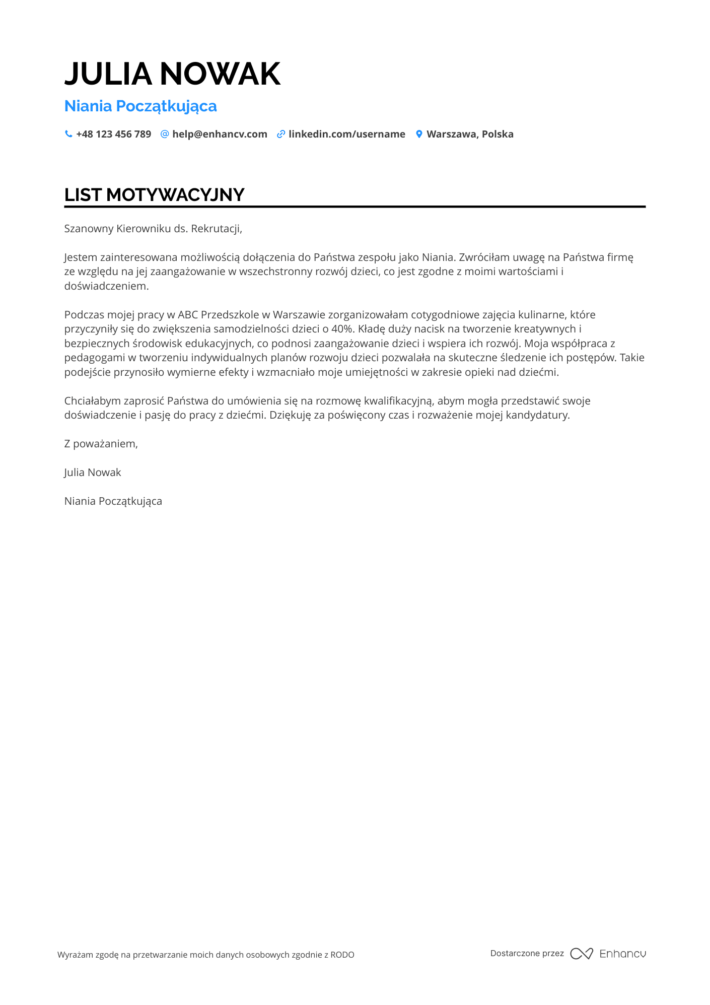 List motywacyjny dla Niania Początkująca Resume Example
