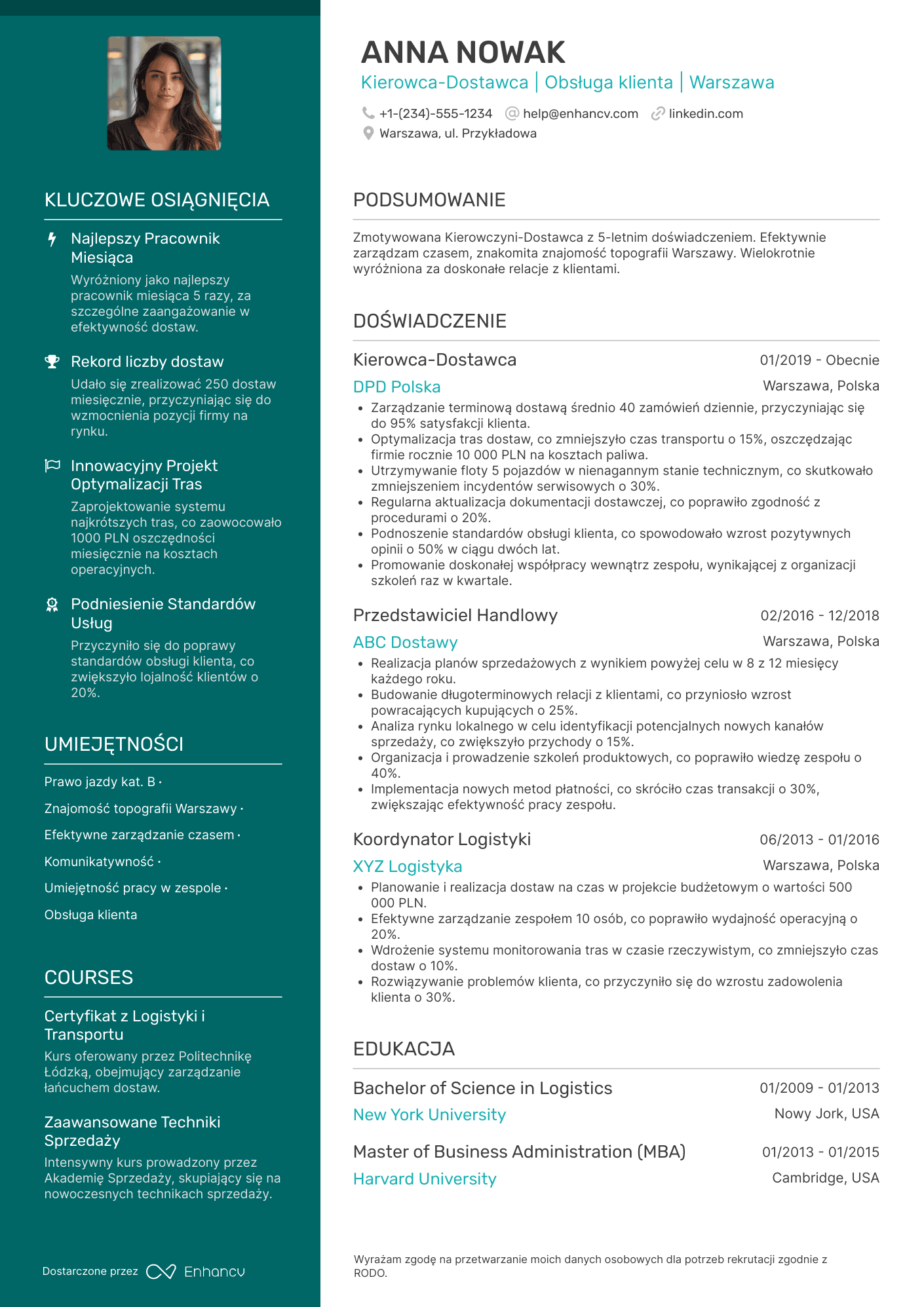 CV dla Kierowca dostawca Resume Example