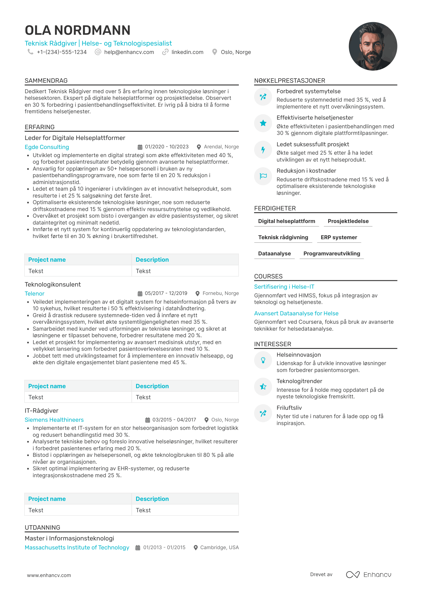 CV for Teknisk rådgiver i helse Resume Example
