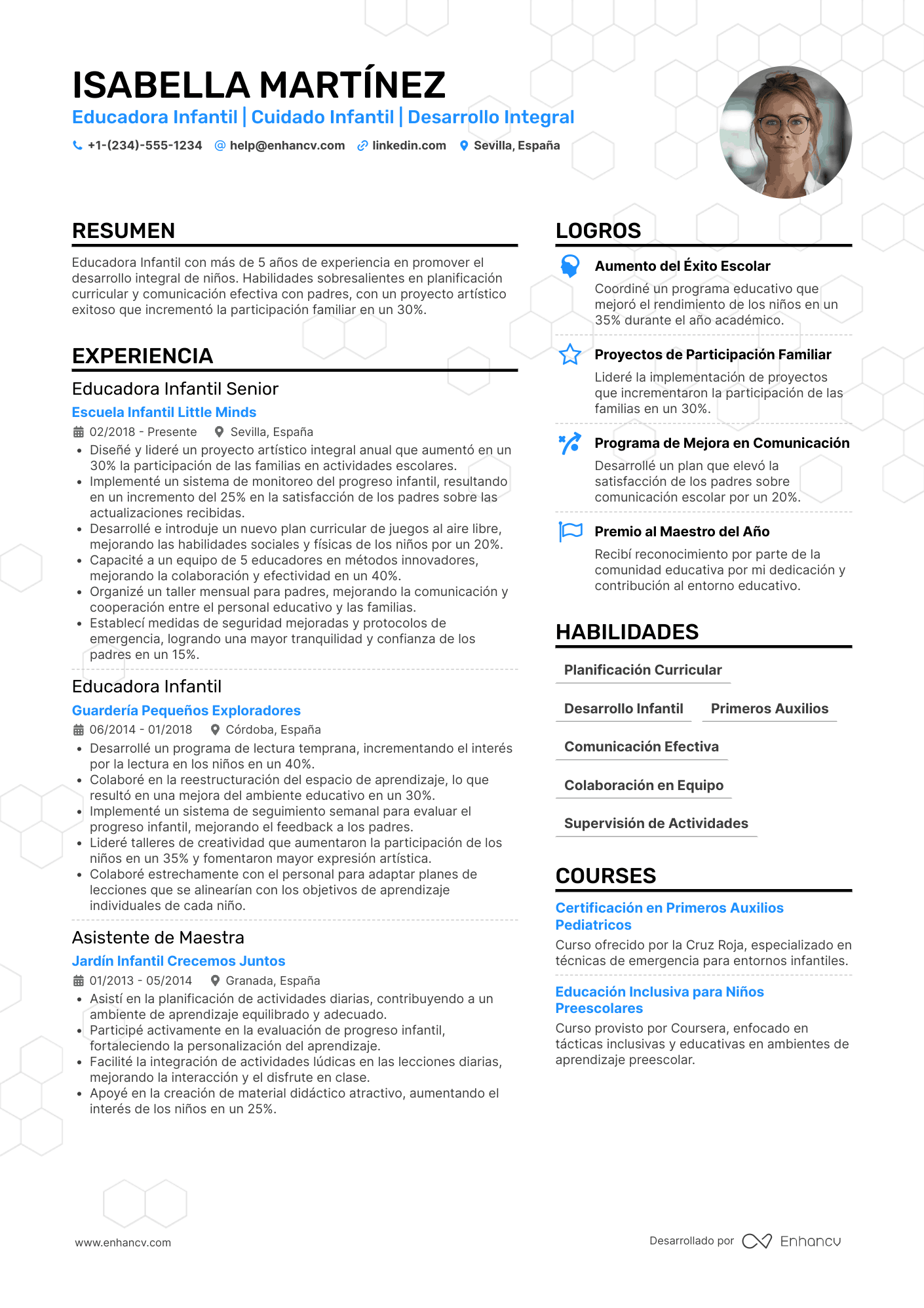 Ejemplo de currículum de educadora infantil Resume Example