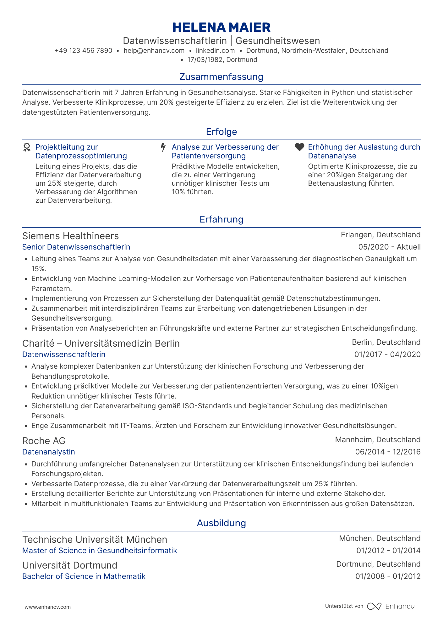Lebenslauf in Datenwissenschaftler für Gesundheitswesen Resume Example